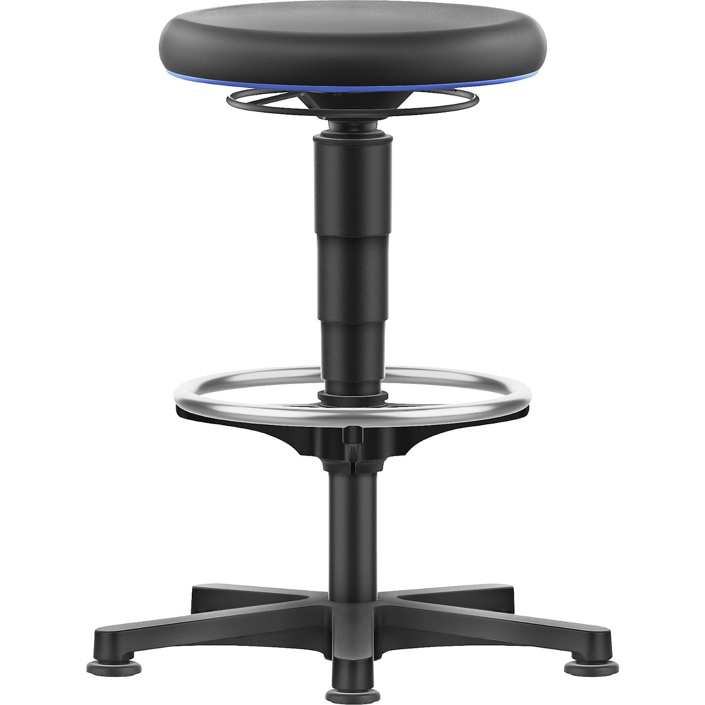 Allround stool, with glides, foot ring, PU foam, colour ring in blue.