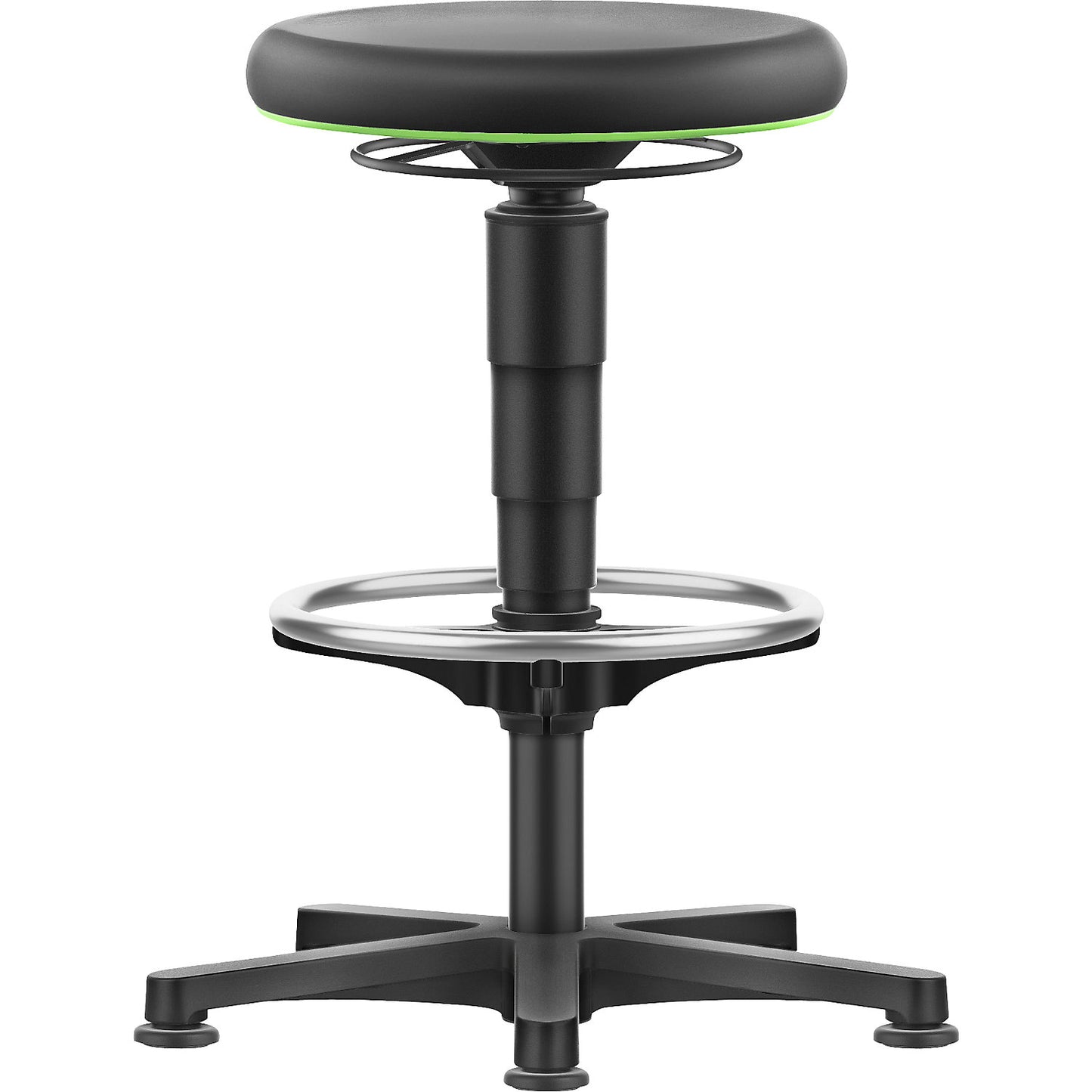Allround stool, with glides, foot ring, PU foam, colour ring in green.