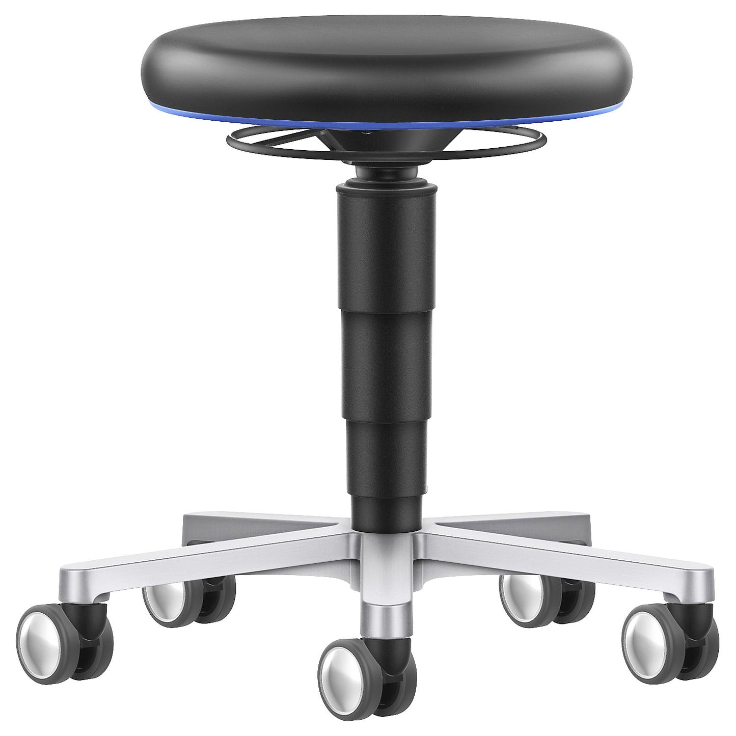 Laboratory stool, with castors, gas lift with release ring, colour ring in blue.