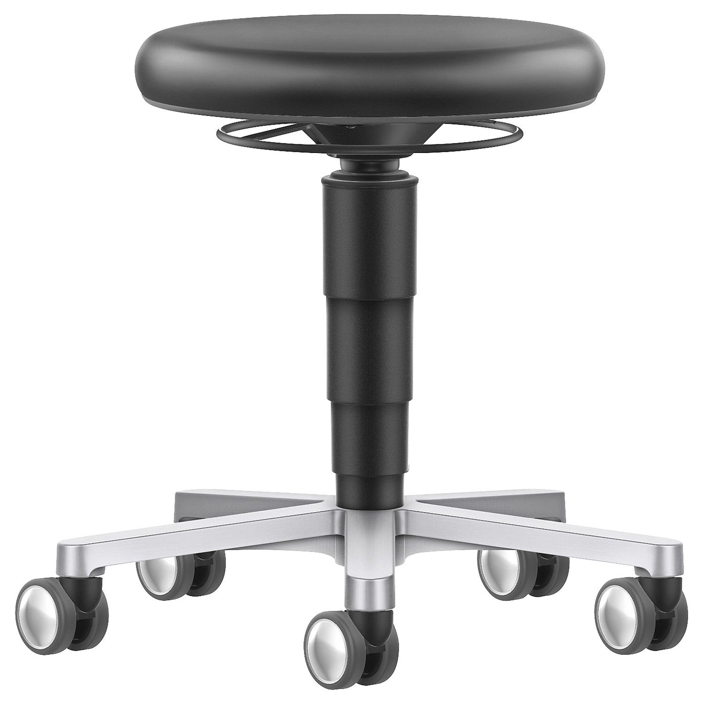 Laboratory stool, with castors, gas lift with release ring, colour ring in grey.