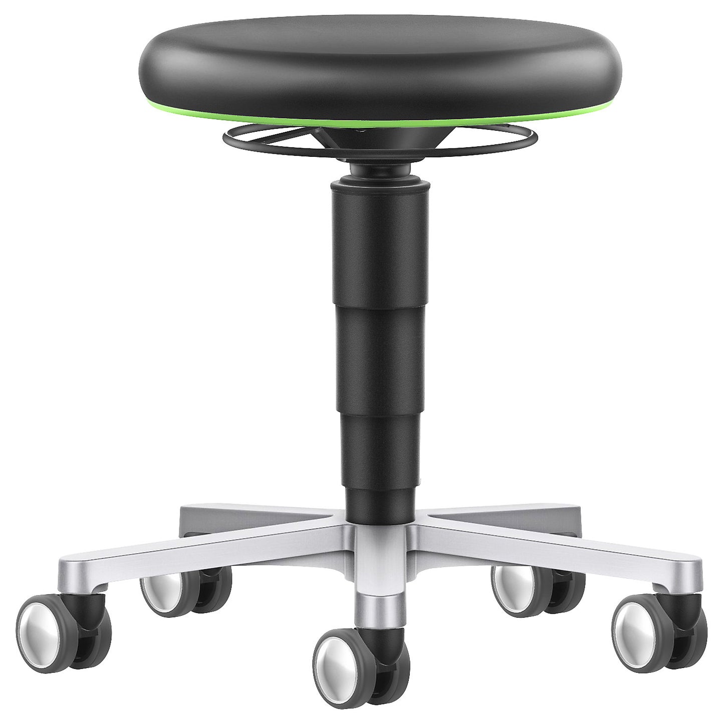 Laboratory stool, with castors, gas lift with release ring, colour ring in green.