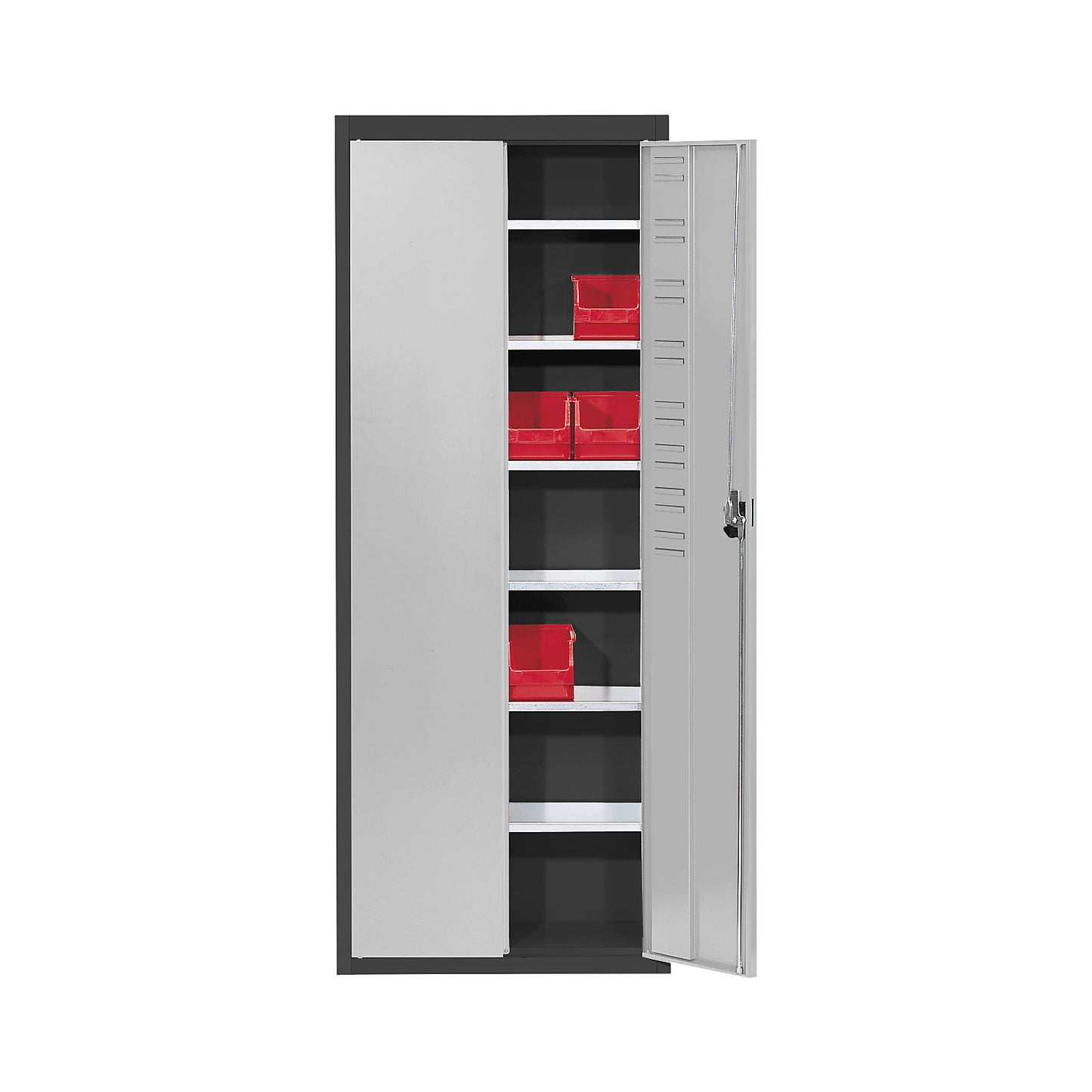 Storage cupboard, without open fronted storage bins, HxWxD 1740 x 680 x 280 mm, two-colour, black body, grey doors.
