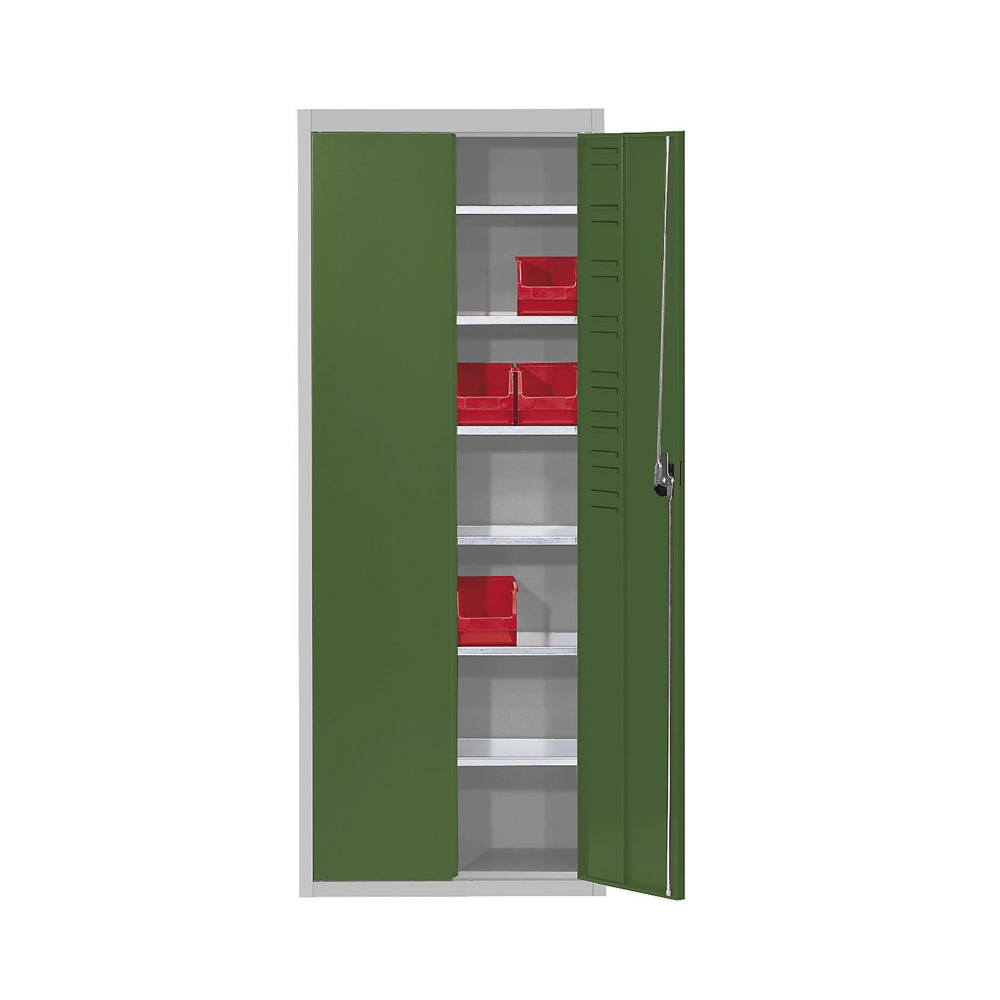 Storage cupboard, without open fronted storage bins, HxWxD 1740 x 680 x 280 mm, two-colour, grey body, green doors.