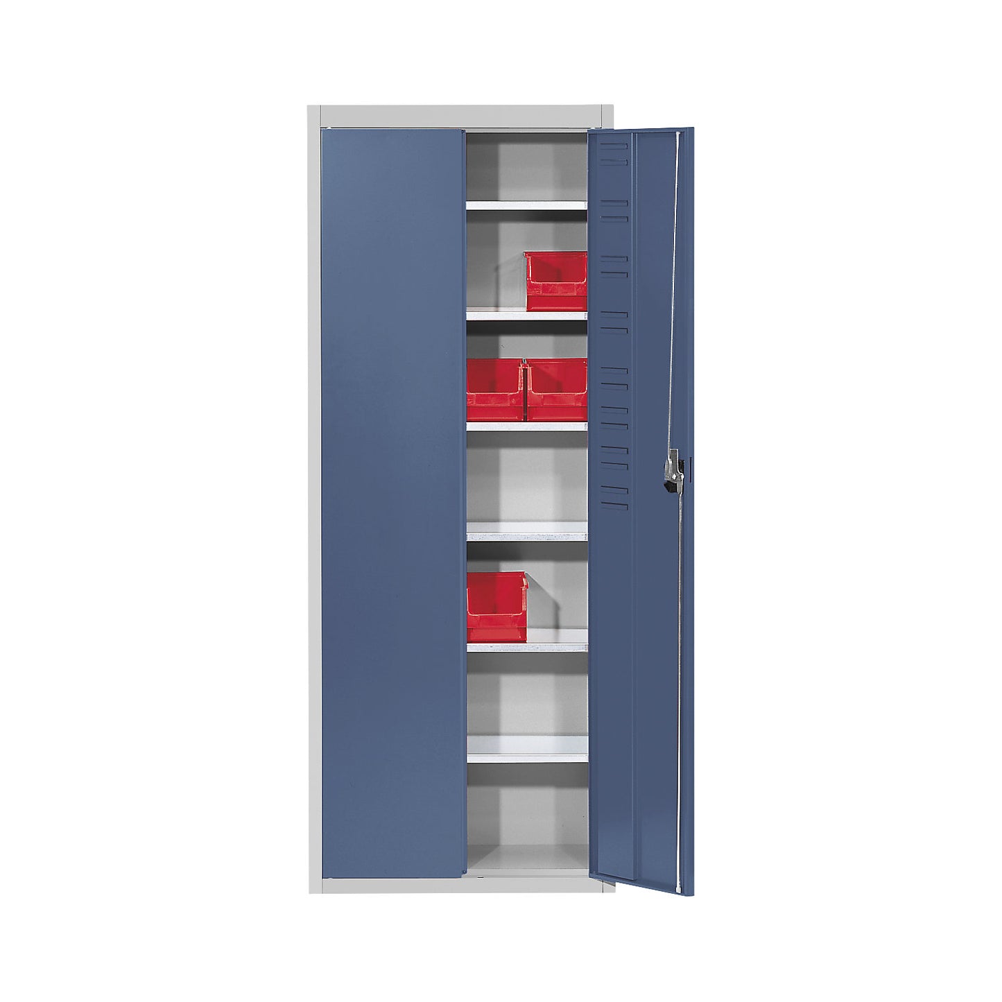 Storage cupboard, without open fronted storage bins, HxWxD 1740 x 680 x 280 mm, two-colour, grey body, blue doors.