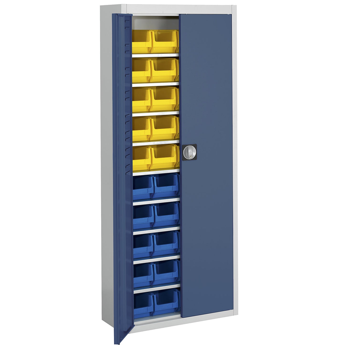 Storage cupboard with open fronted storage bins, HxWxD 1740 x 680 x 280 mm, two-colour, grey body, blue doors, 40 bins.