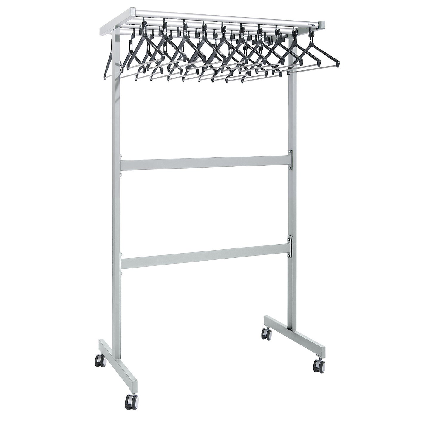 Double sided coat rail, with coat hangers, black, with umbrella holder.