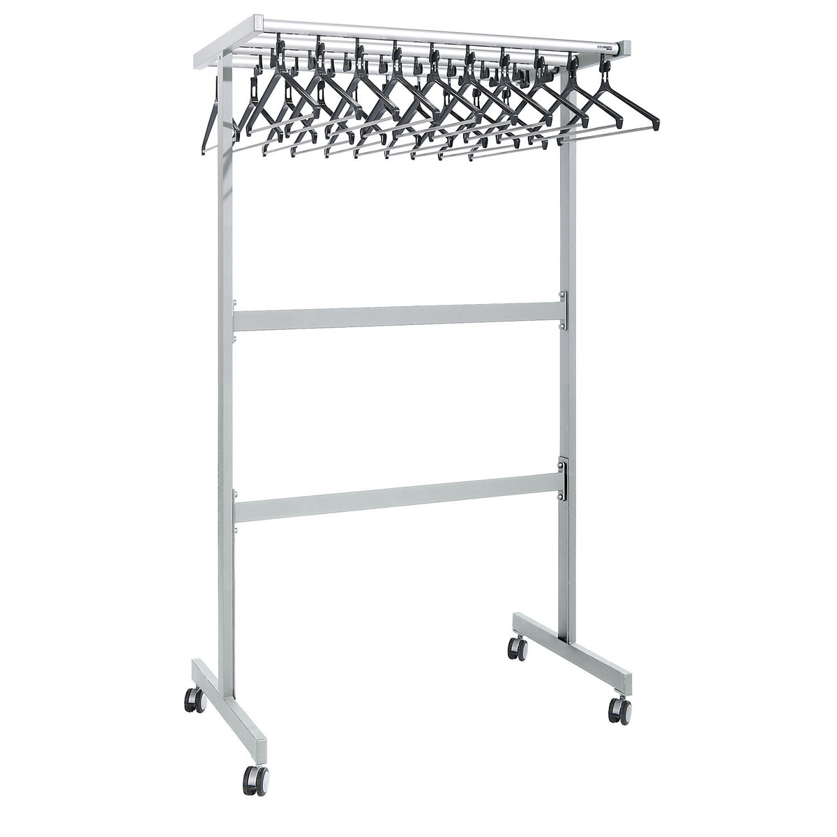 Double sided coat rail, with coat hangers, silver, with umbrella holder.