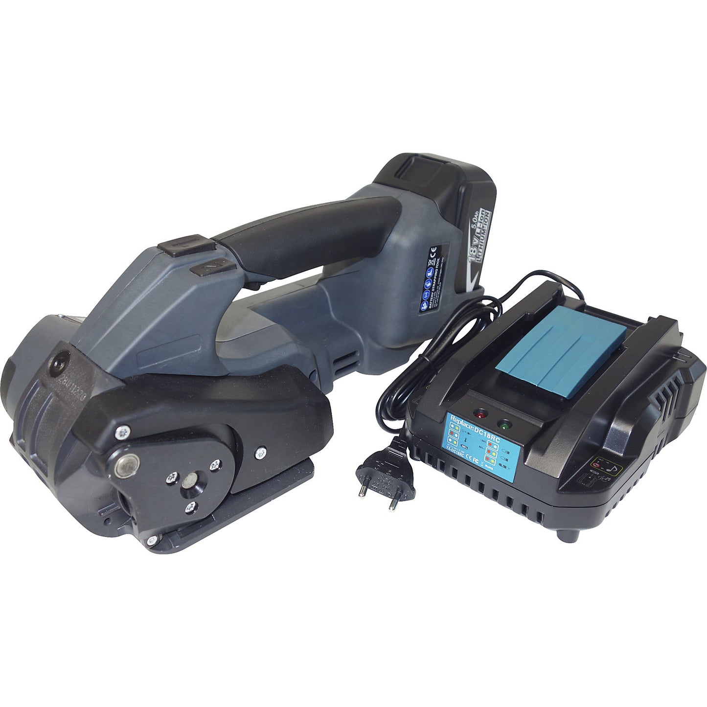 Rechargeable strapping tool for PP and PET strapping, fully automatic, for strap width 12 - 16 mm.