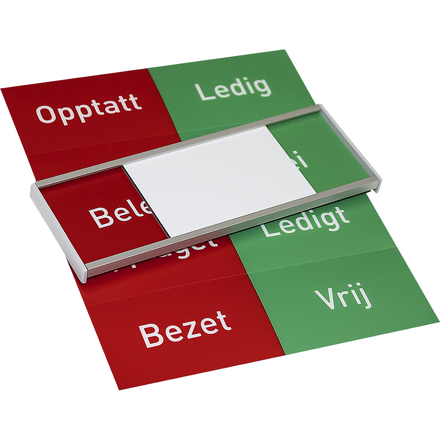 Vacant/occupied sign, multilingual NO-DK-SE-NL, HxW 54 x 151 mm, self-adhesive, silver.
