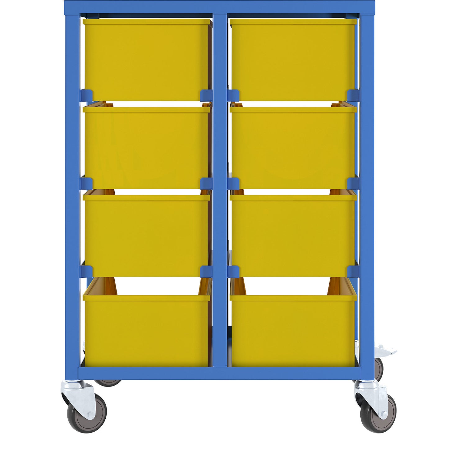 Order picking trolley, light blue RAL 5012, height 1050 mm, with 8 x 23 litre plastic containers.