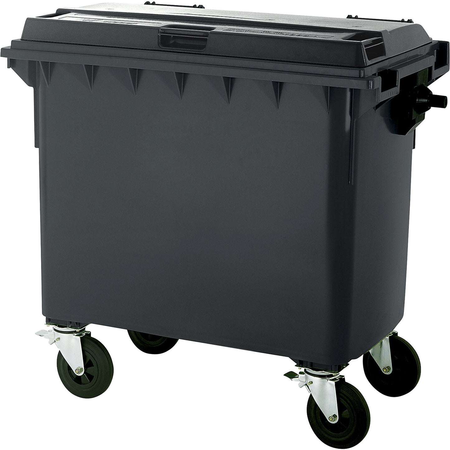 Plastic waste container, DIN EN 840, capacity 660 l, WxHxD 1360 x 1235 x 765 mm, charcoal.