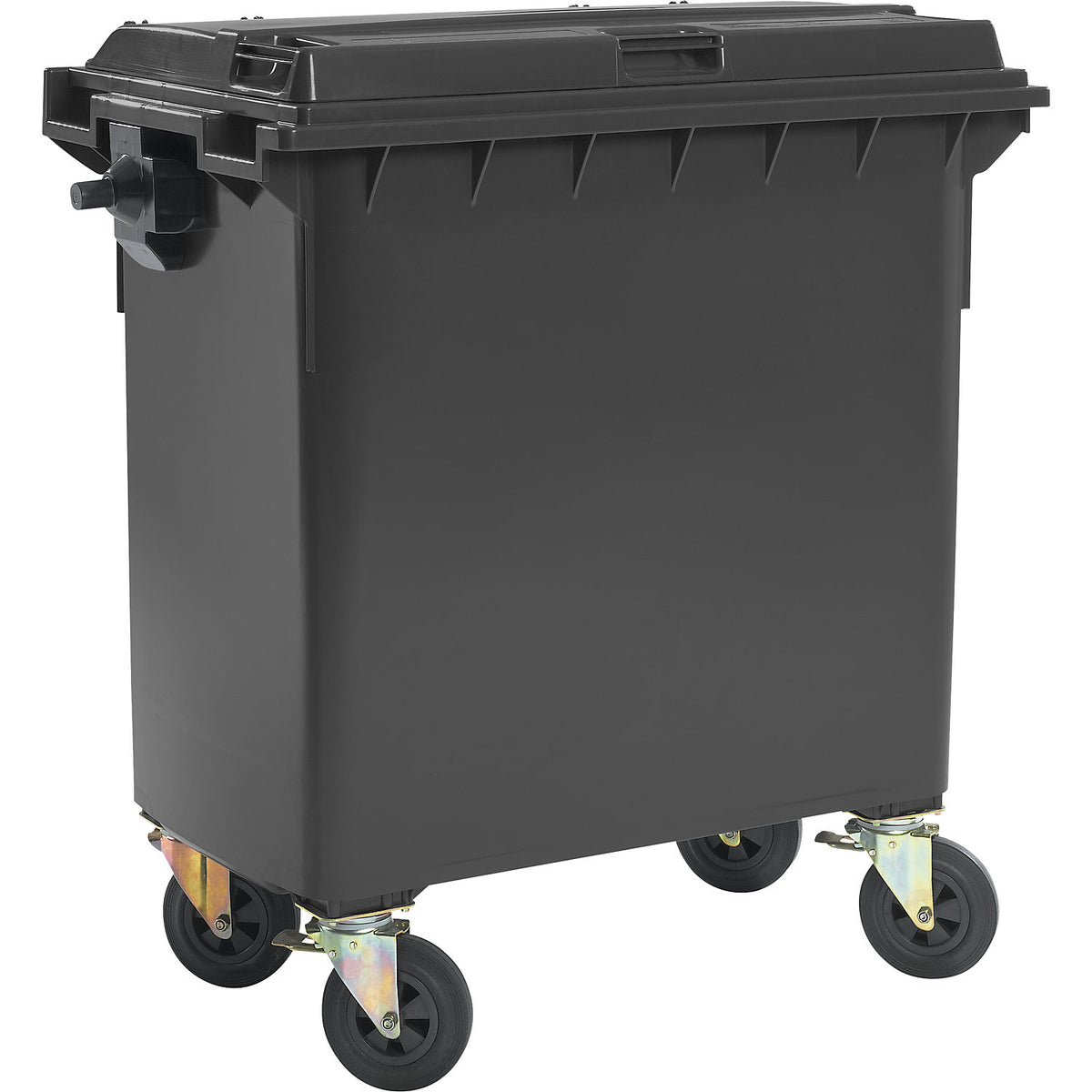Plastic waste container, DIN EN 840, capacity 770 l, WxHxD 1360 x 1330 x 770 mm, charcoal.