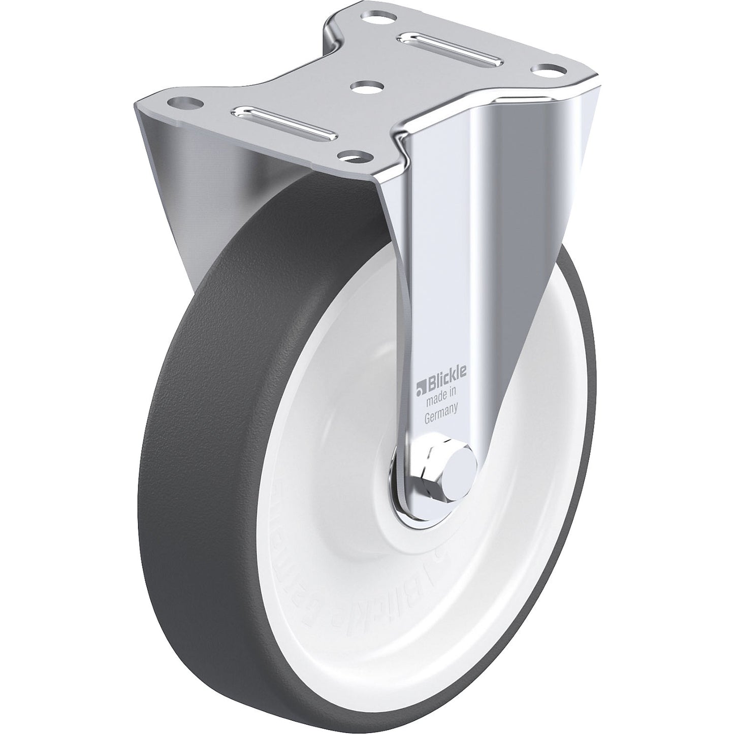 B-POTH fixed sheet steel castor, wheel Ø x width 200 x 50 mm, max. load 400 kg.