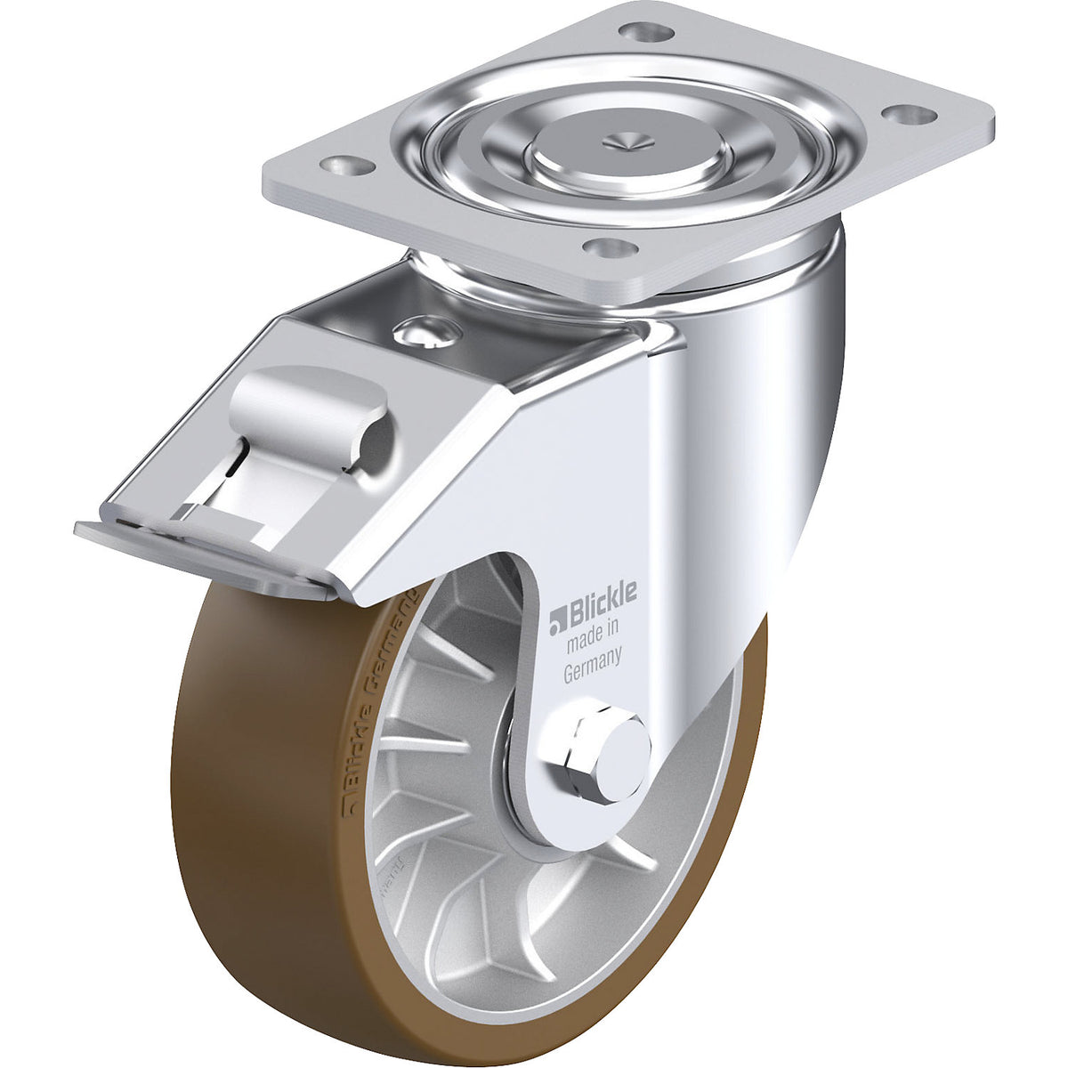 LH-ALB-FI sheet steel swivel castor, wheel Ø 160 mm, max. load 900 kg, plate dimensions 140 x 110 mm.