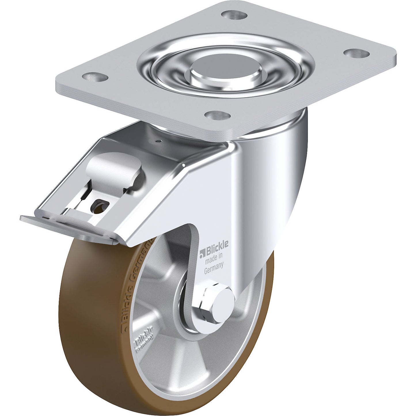 LH-ALB-FI sheet steel swivel castor, wheel Ø 125 mm, max. load 550 kg, plate dimensions 140 x 110 mm.