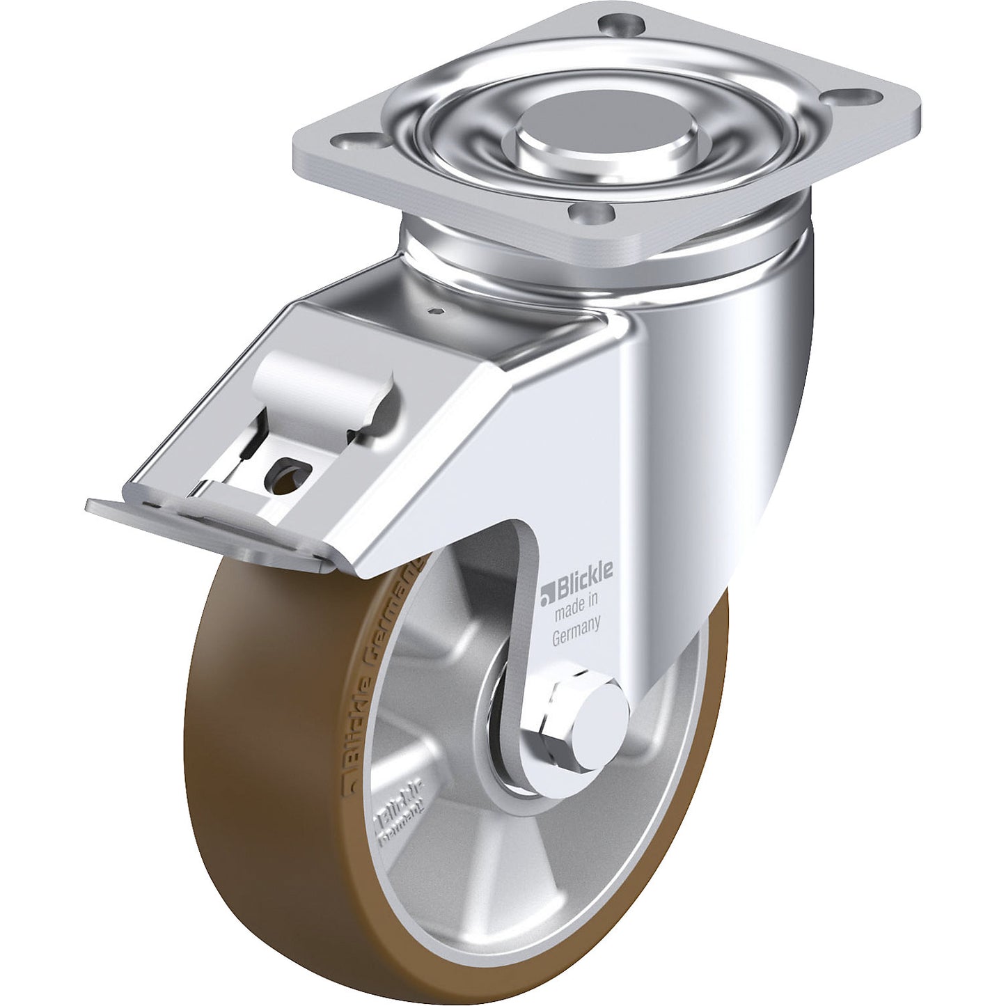 LH-ALB-FI sheet steel swivel castor, wheel Ø 125 mm, max. load 550 kg, plate dimensions 100 x 85 mm.