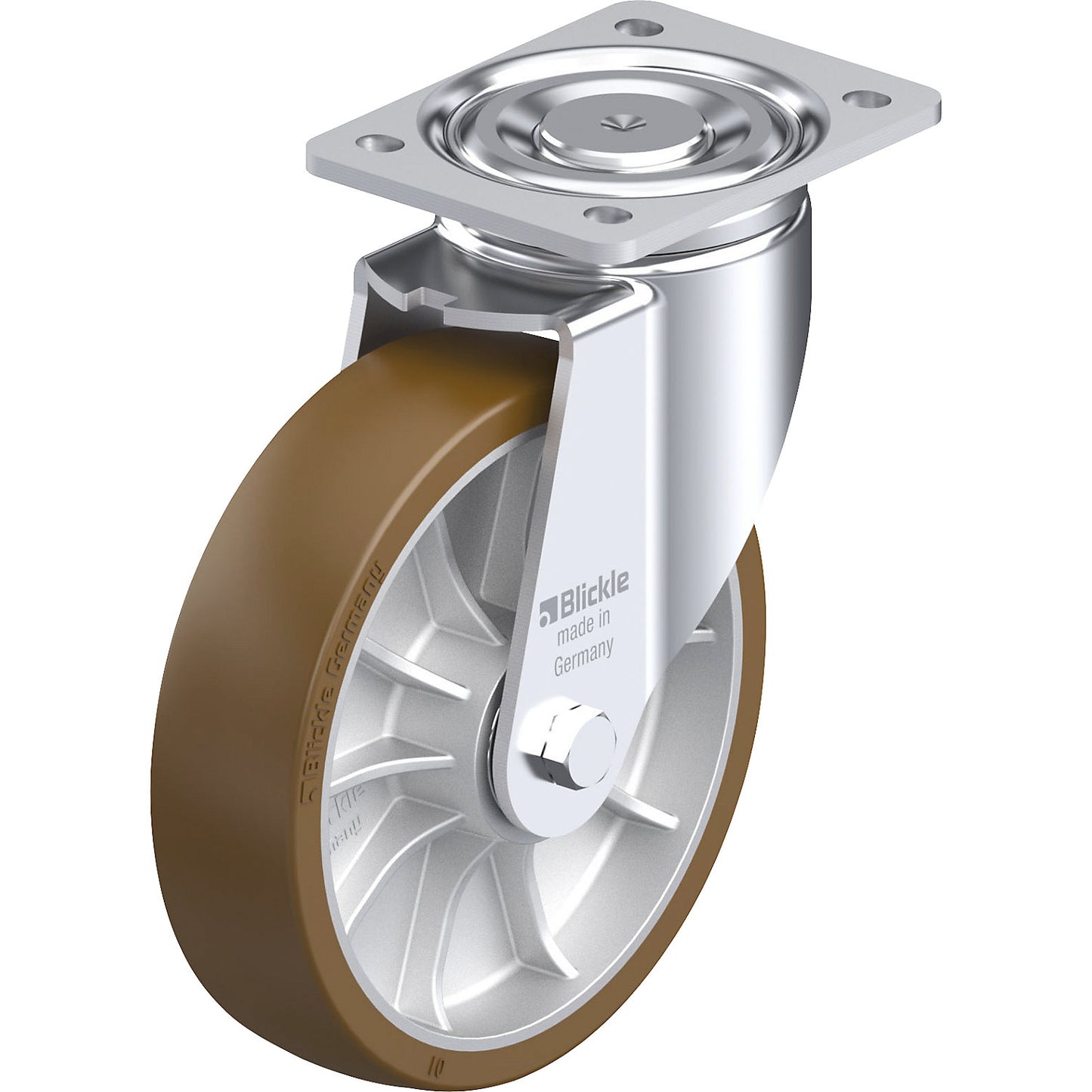 LH-ALB sheet steel swivel castor, wheel Ø 200 mm, max. load 900 kg, plate dimensions 140 x 110 mm.
