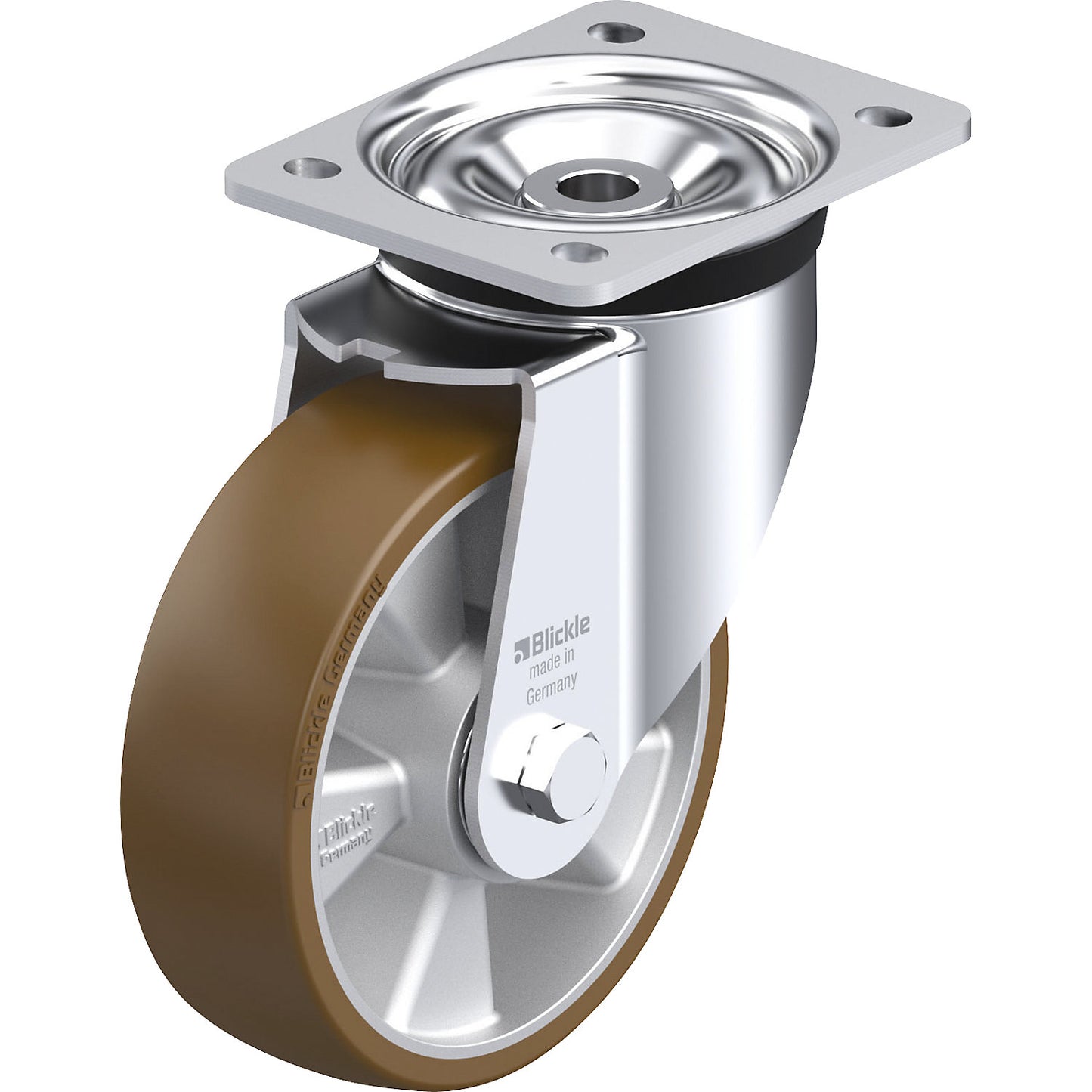 LK-ALB sheet steel swivel castor, wheel Ø 160 mm, max. load 600 kg, plate dimensions 140 x 110 mm.