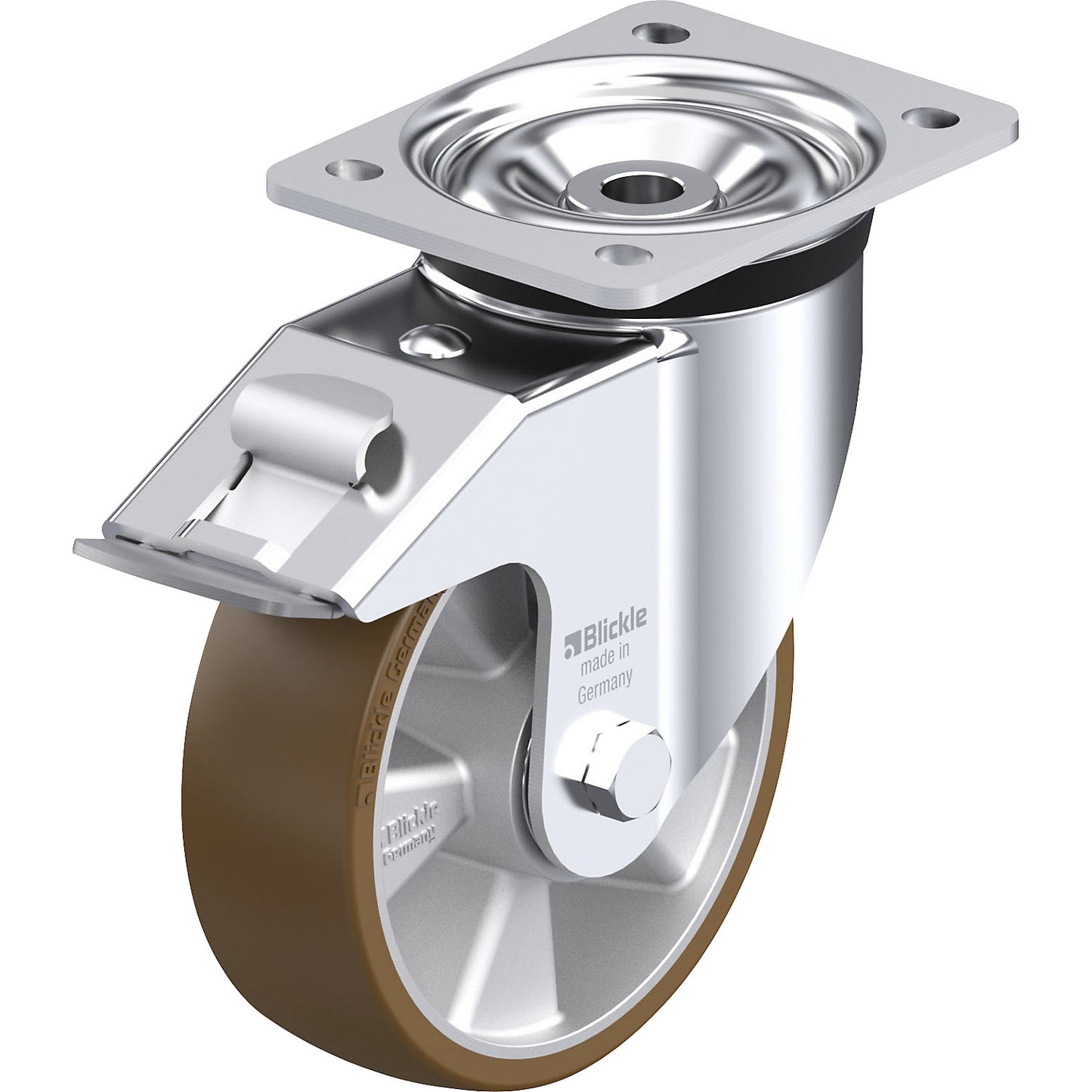 LK-ALB-FI sheet steel swivel castor, wheel Ø 160 mm, max. load 600 kg, plate dimensions 140 x 110 mm.