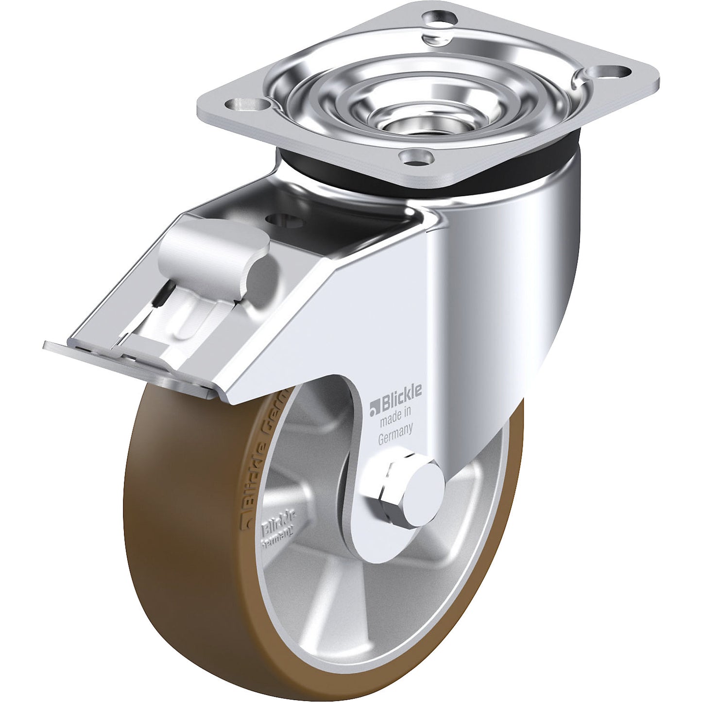 LK-ALB-FI sheet steel swivel castor, wheel Ø 125 mm, max. load 350 kg, plate dimensions 100 x 85 mm.