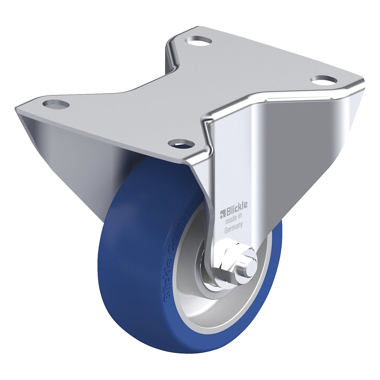 BK-ALBS fixed sheet steel castor, wheel Ø 100 mm, max. load 320 kg, plate dimensions 140 x 110 mm.