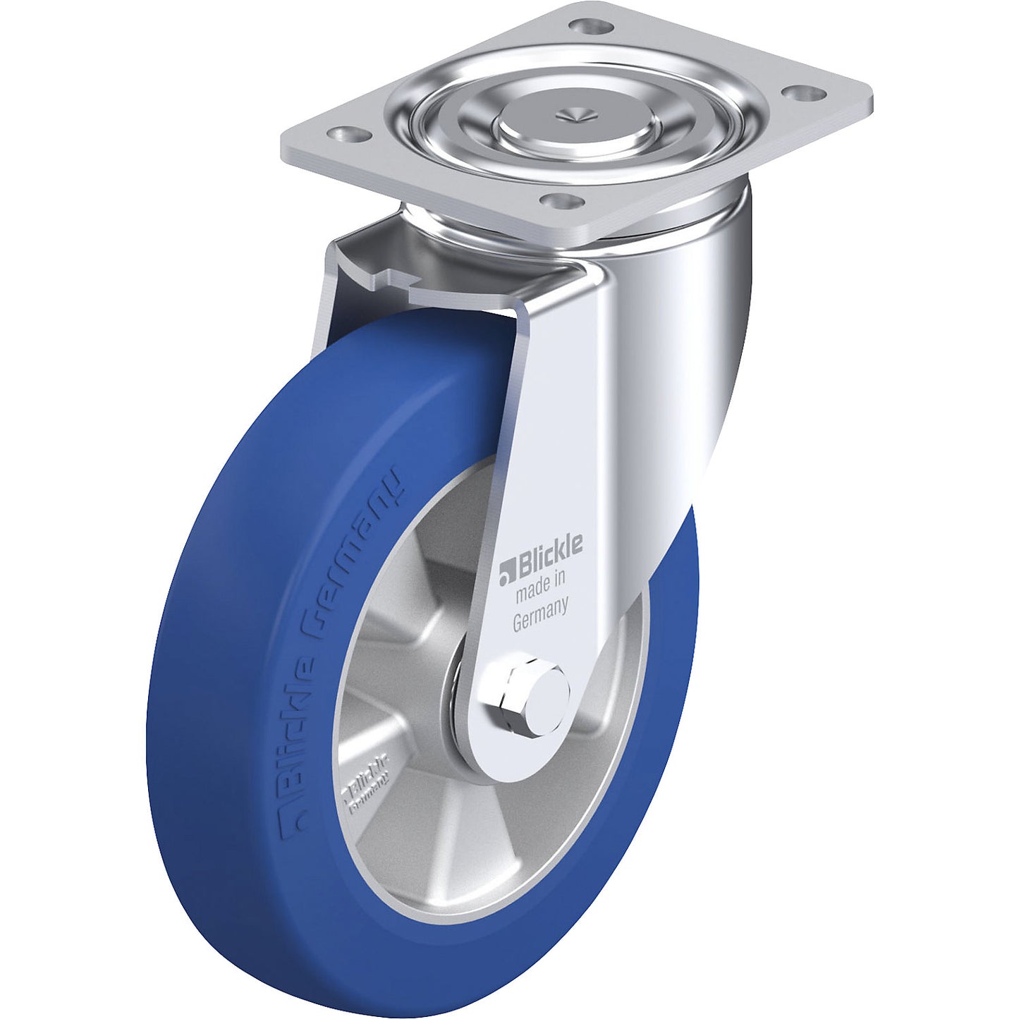 LH-ALBS sheet steel swivel castor, wheel Ø 200 mm, max. load 750 kg, plate dimensions 140 x 110 mm.