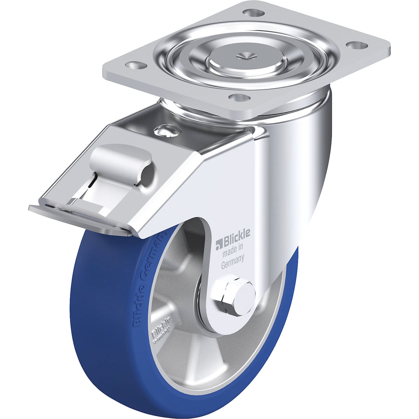 BK-ALBS-FI sheet steel swivel castor, wheel Ø 160 mm, max. load 580 kg, plate dimensions 140 x 110 mm.