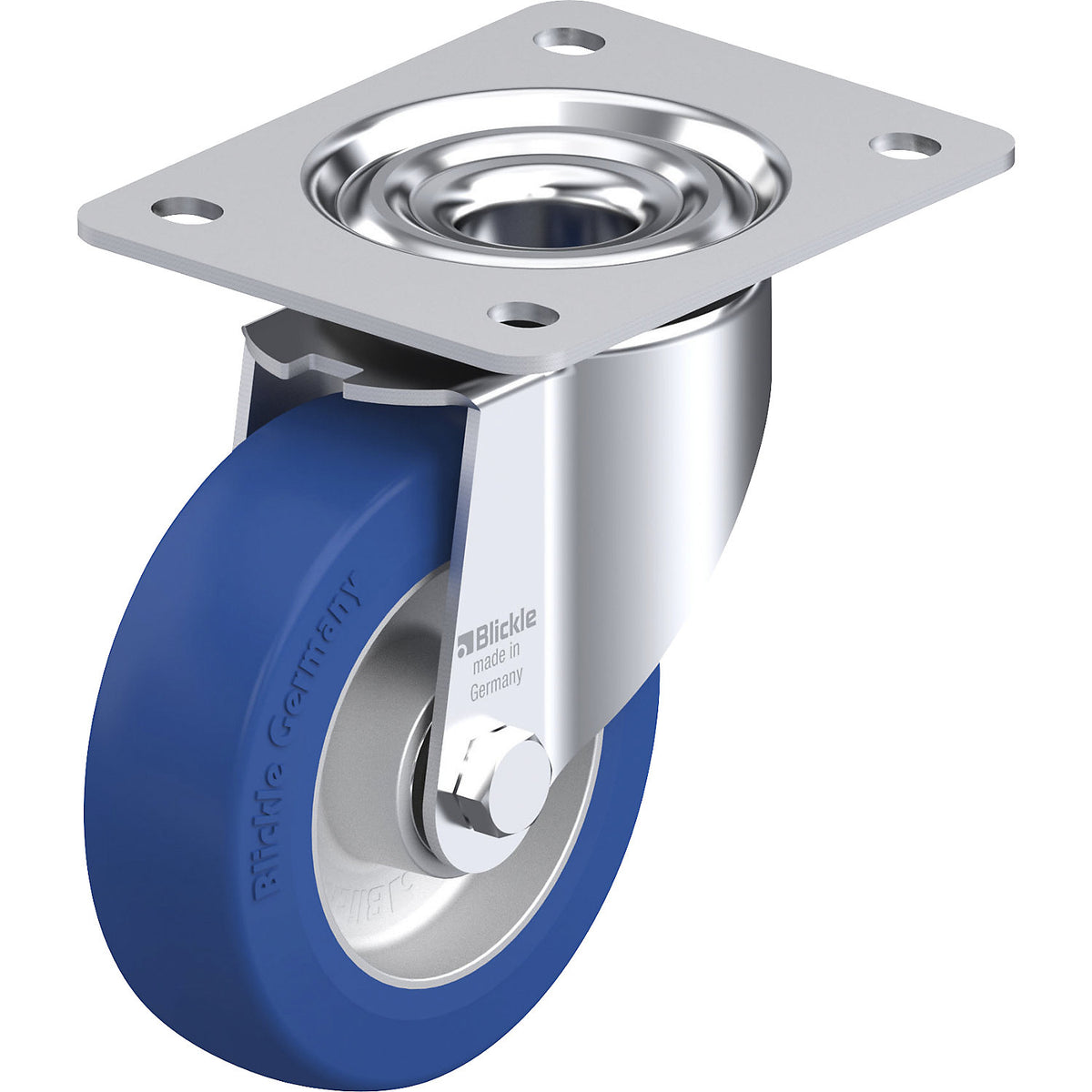 LK-ALBS sheet steel swivel castor, wheel Ø 125 mm, max. load 350 kg, plate dimensions 140 x 110 mm.