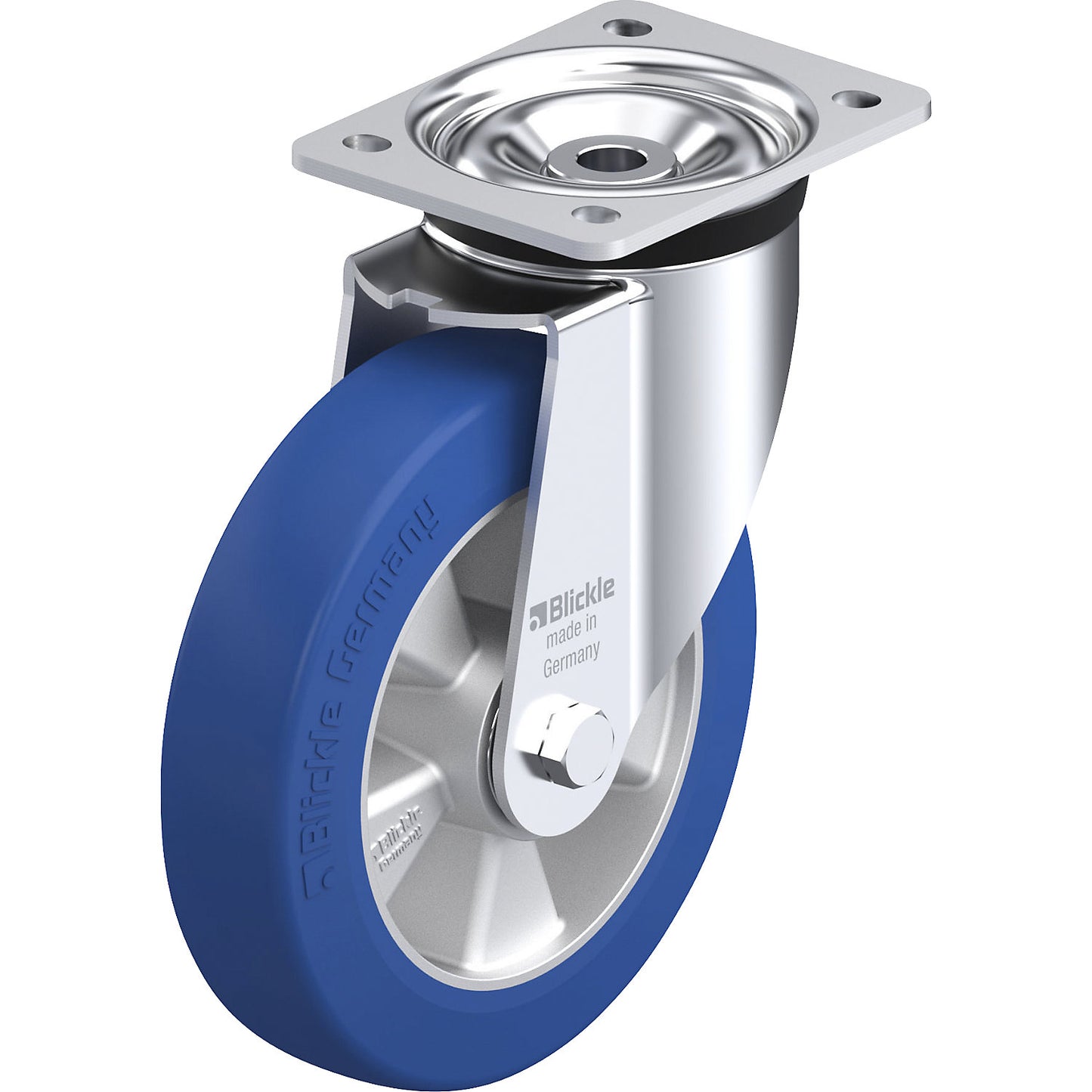 LK-ALBS sheet steel swivel castor, wheel Ø 200 mm, max. load 600 kg, plate dimensions 140 x 110 mm.