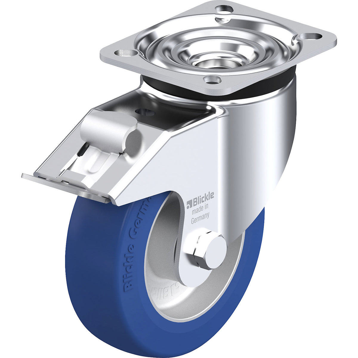 LK-ALBS-FI sheet steel swivel castor, wheel Ø 125 mm, max. load 350 kg, plate dimensions 100 x 85 mm.