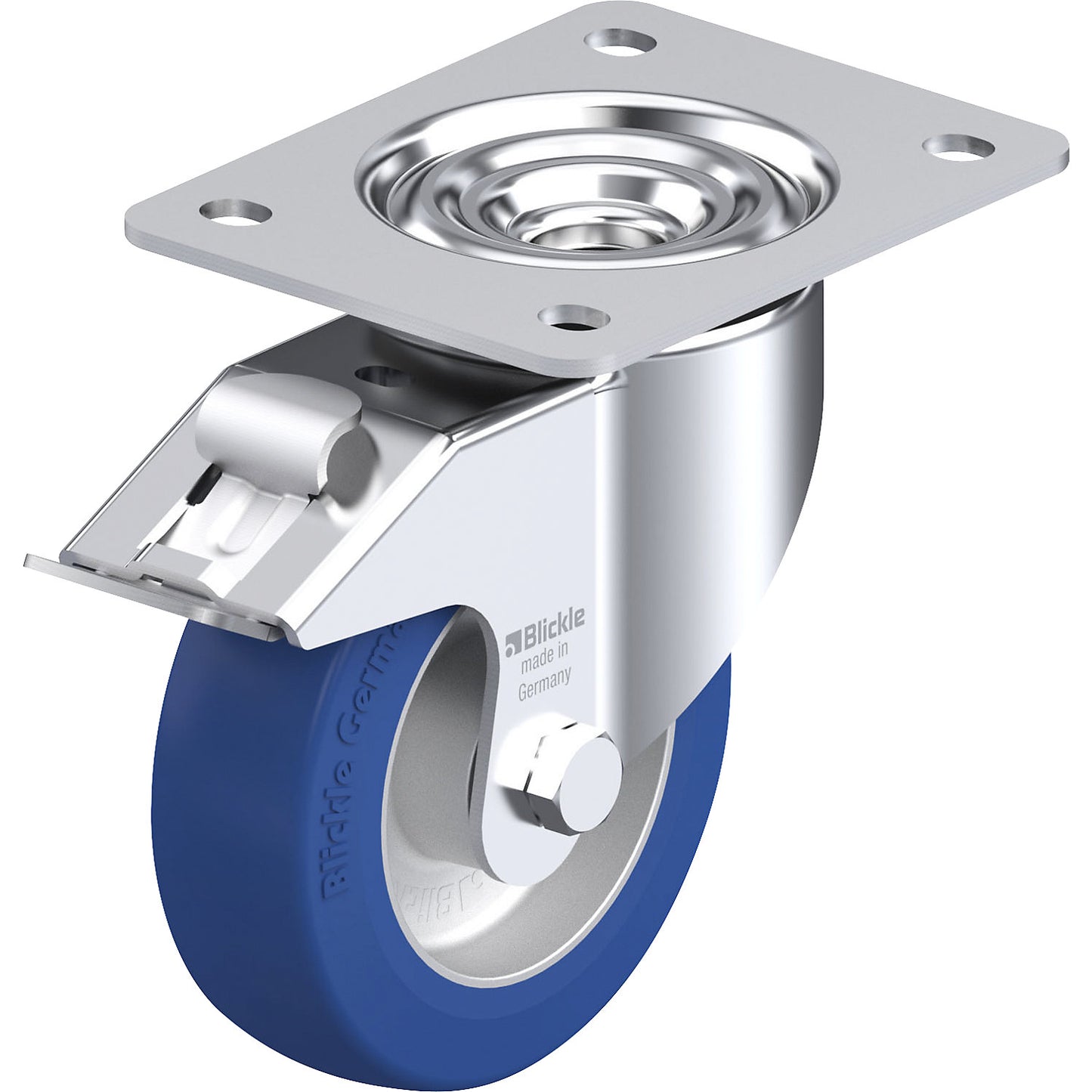 LK-ALBS-FI sheet steel swivel castor, wheel Ø 125 mm, max. load 350 kg, plate dimensions 140 x 110 mm.