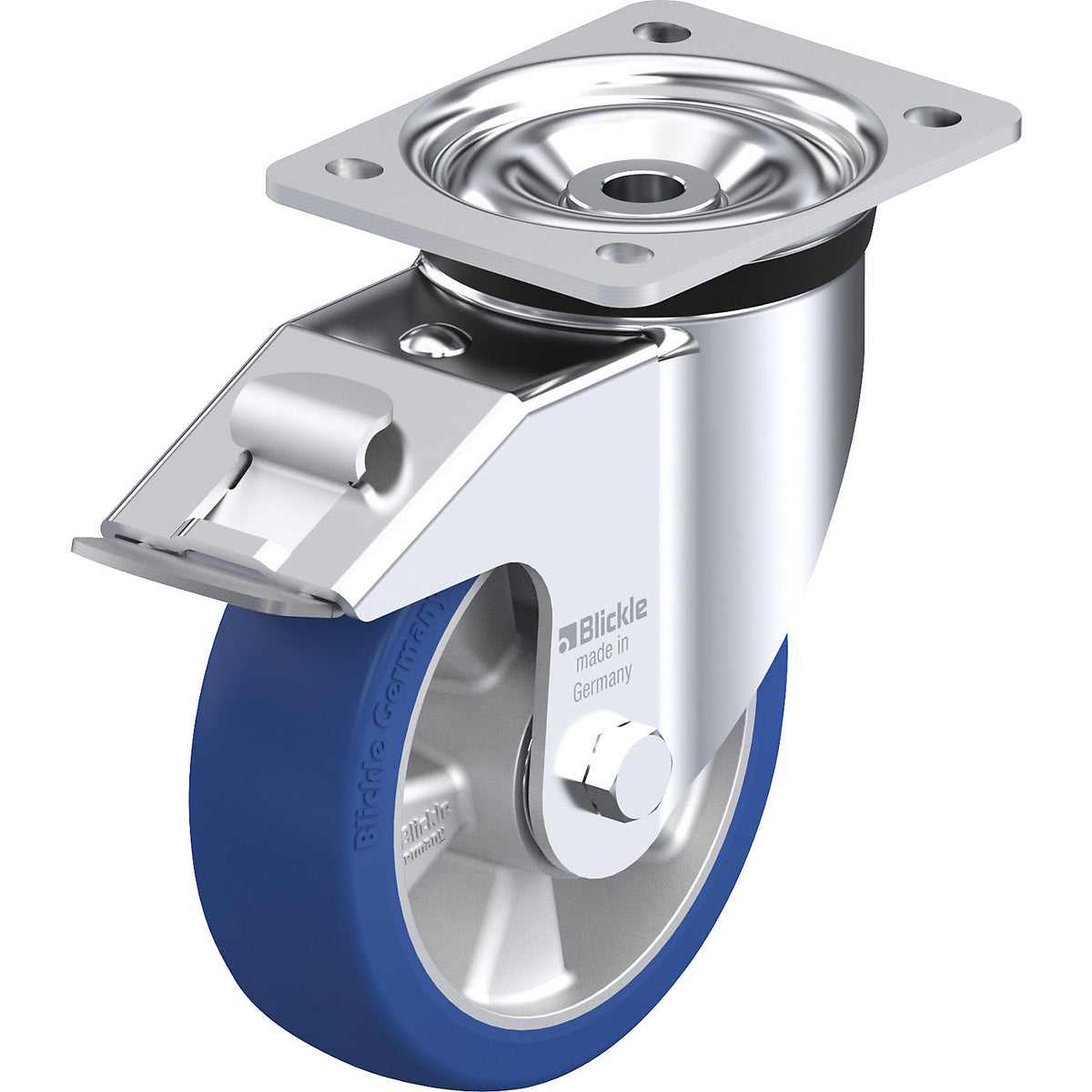 LK-ALBS-FI sheet steel swivel castor, wheel Ø 160 mm, max. load 580 kg, plate dimensions 140 x 110 mm.