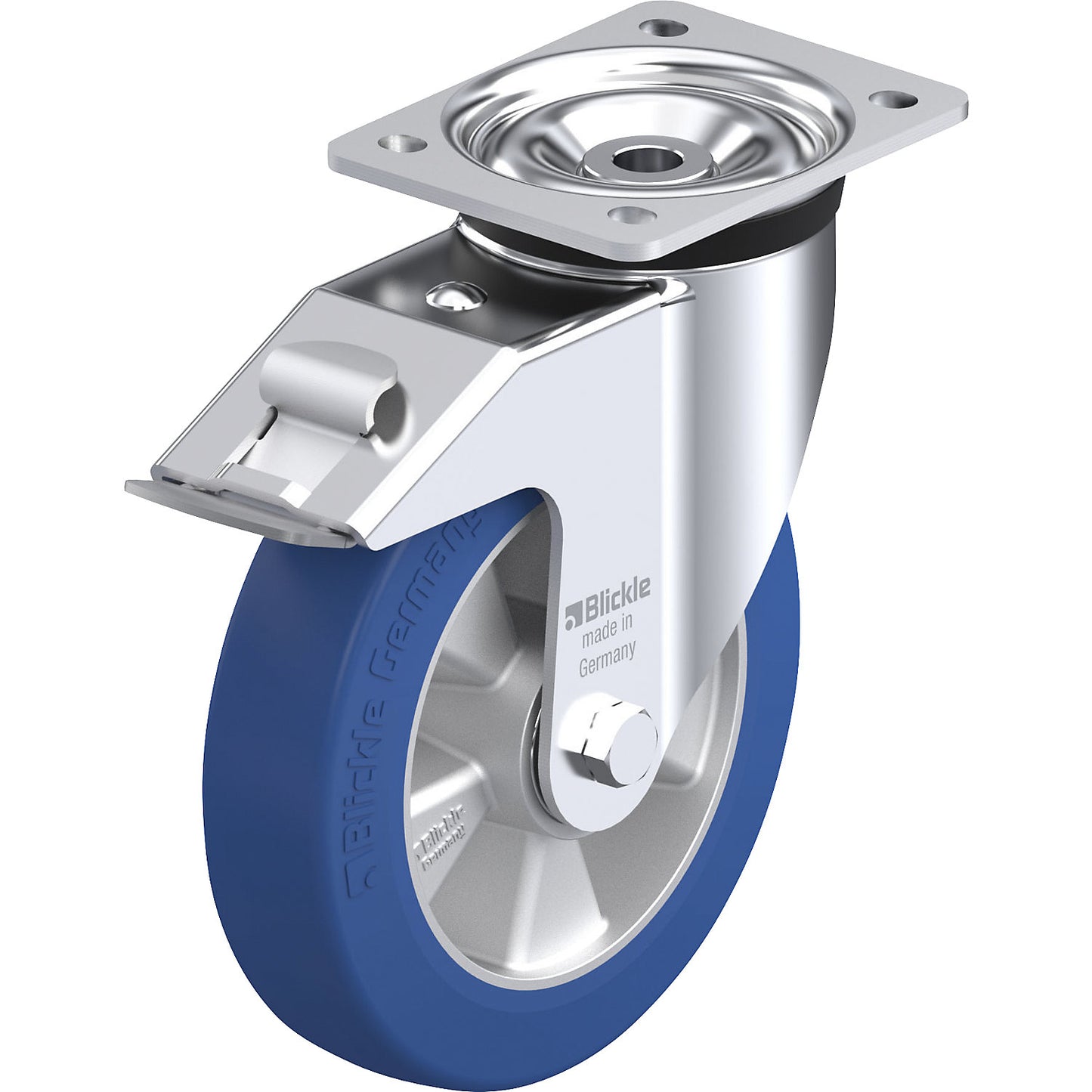 LK-ALBS-FI sheet steel swivel castor, wheel Ø 200 mm, max. load 600 kg, plate dimensions 140 x 110 mm.