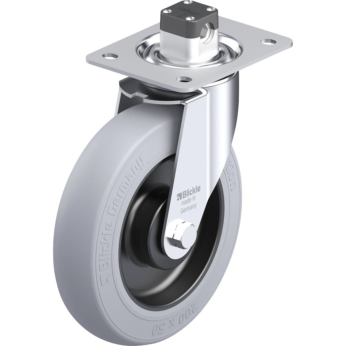 LE-POES-CS11-SG sheet steel swivel castor, wheel Ø 200 mm, max. load 300 kg, plate dimensions 140 x 110 mm.