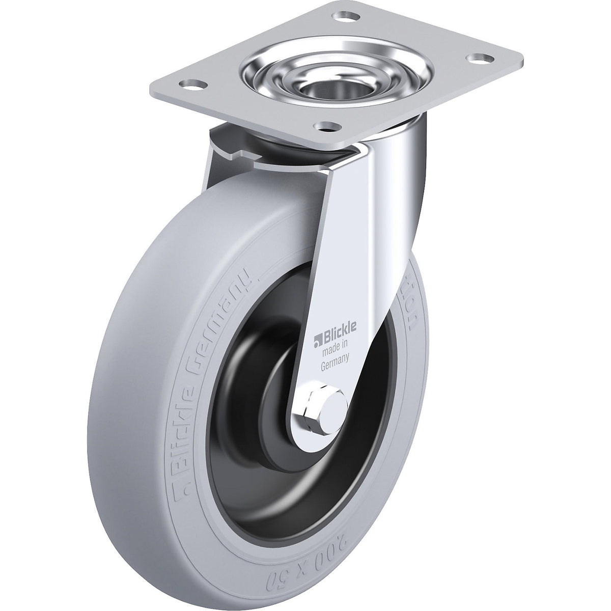 LE-POES-SG sheet steel swivel castor, wheel Ø 200 mm, max. load 300 kg, plate dimensions 140 x 110 mm.