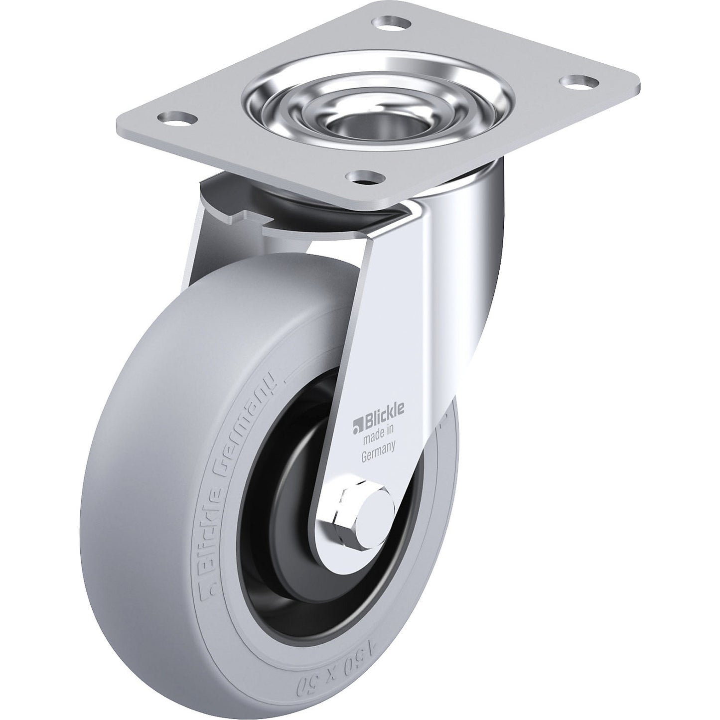 LE-POES-SG sheet steel swivel castor, wheel Ø 150 mm, max. load 280 kg, plate dimensions 140 x 110 mm.
