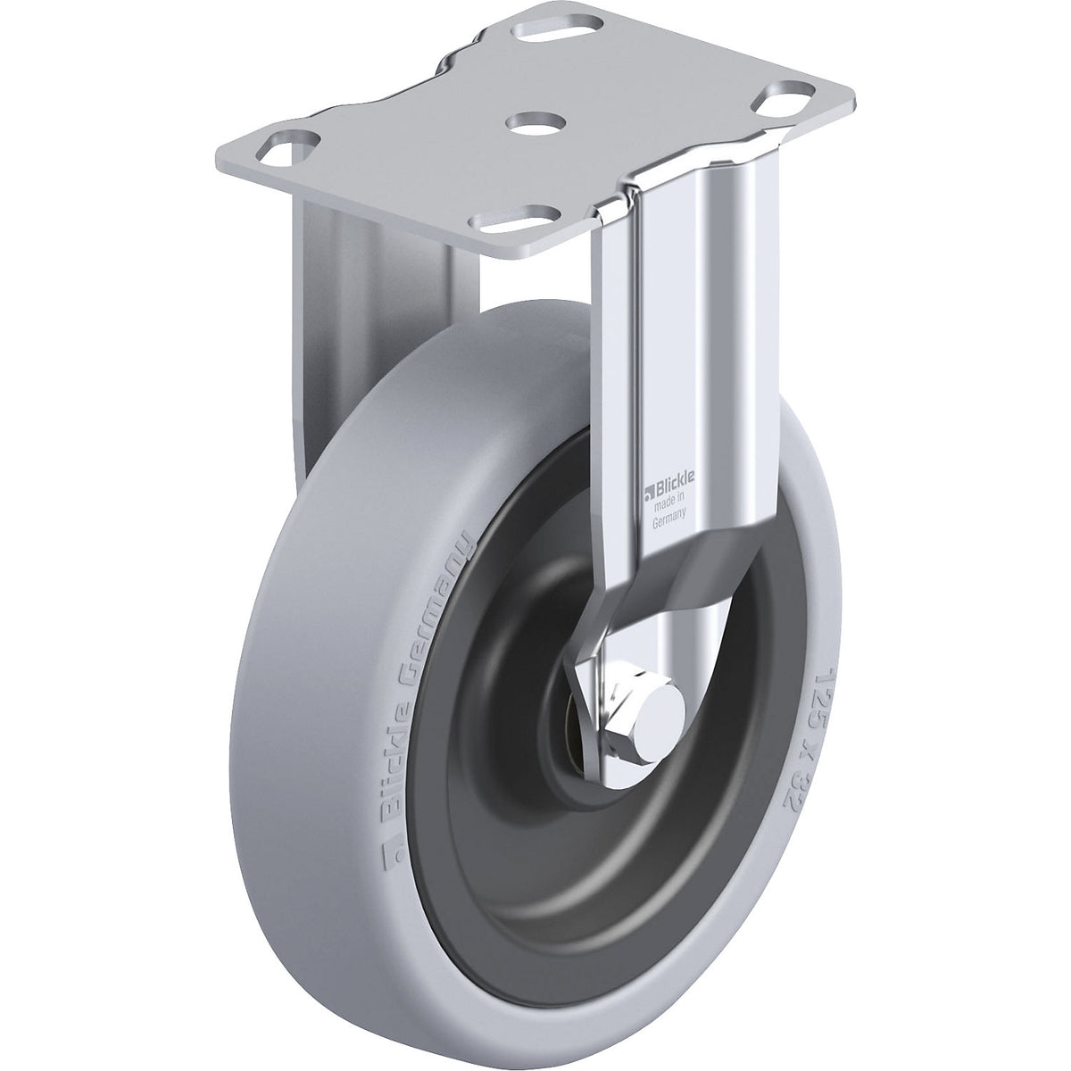 BKPA-VPA light duty fixed castor, plate dimensions 90 x 66 mm, wheel Ø 125 mm, max. load 120 kg.