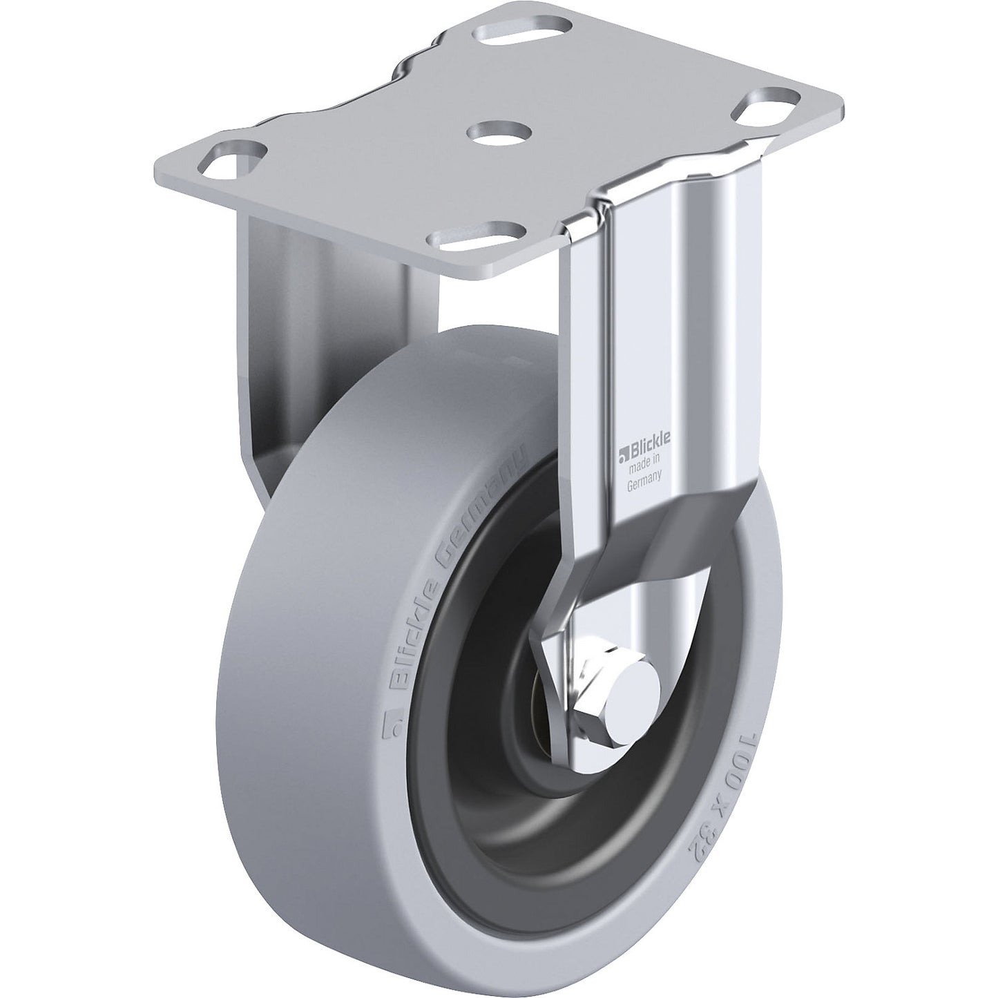 BKPA-VPA light duty fixed castor, plate dimensions 90 x 66 mm, wheel Ø 100 mm, max. load 110 kg.