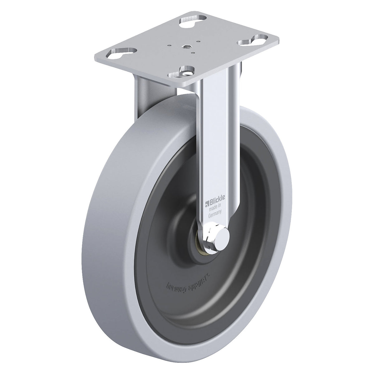 BKPA-VPA light duty fixed castor, plate dimensions 90 x 66 mm, wheel Ø 150 mm, max. load 110 kg.