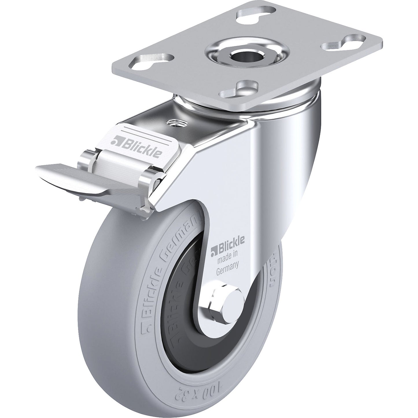 LKPA-POES-FI-SG light duty swivel castor, max. load 120 kg, wheel Ø 100 mm, overall height 136 mm.