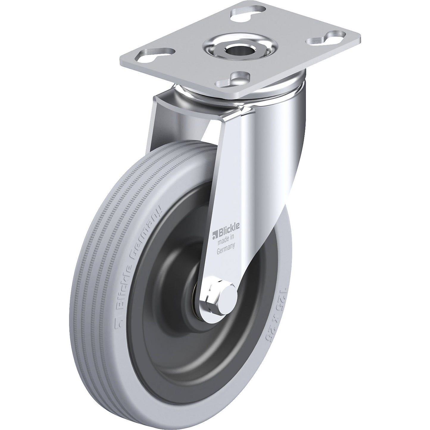 LKPA-VPA light duty swivel castor, plate dimensions 90 x 66 mm, wheel Ø 125 mm, max. load 100 kg.