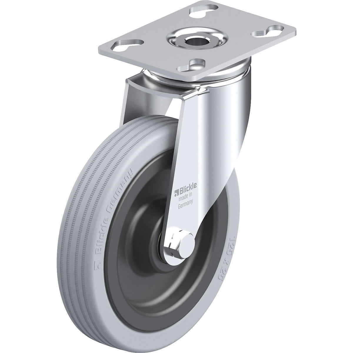 LKPA-VPA light duty swivel castor, plate dimensions 90 x 66 mm, wheel Ø 125 mm, max. load 100 kg.