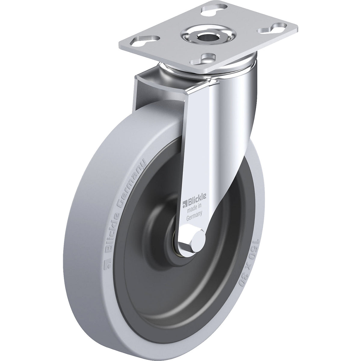 LKPA-VPA light duty swivel castor, plate dimensions 90 x 66 mm, wheel Ø 150 mm, max. load 110 kg.