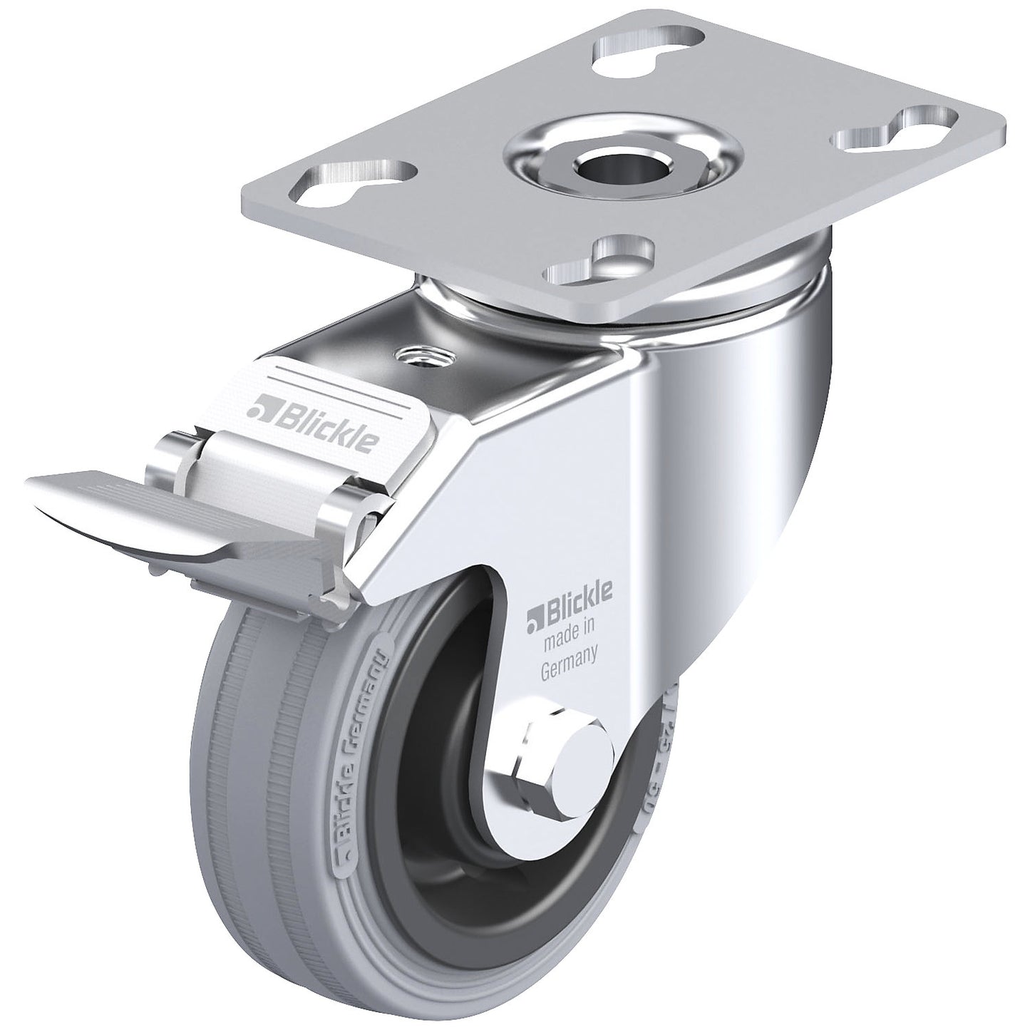 LKPA-VPA-FI light duty swivel castor, plate dimensions 90 x 66 mm, wheel Ø 80 mm, max. load 80 kg.