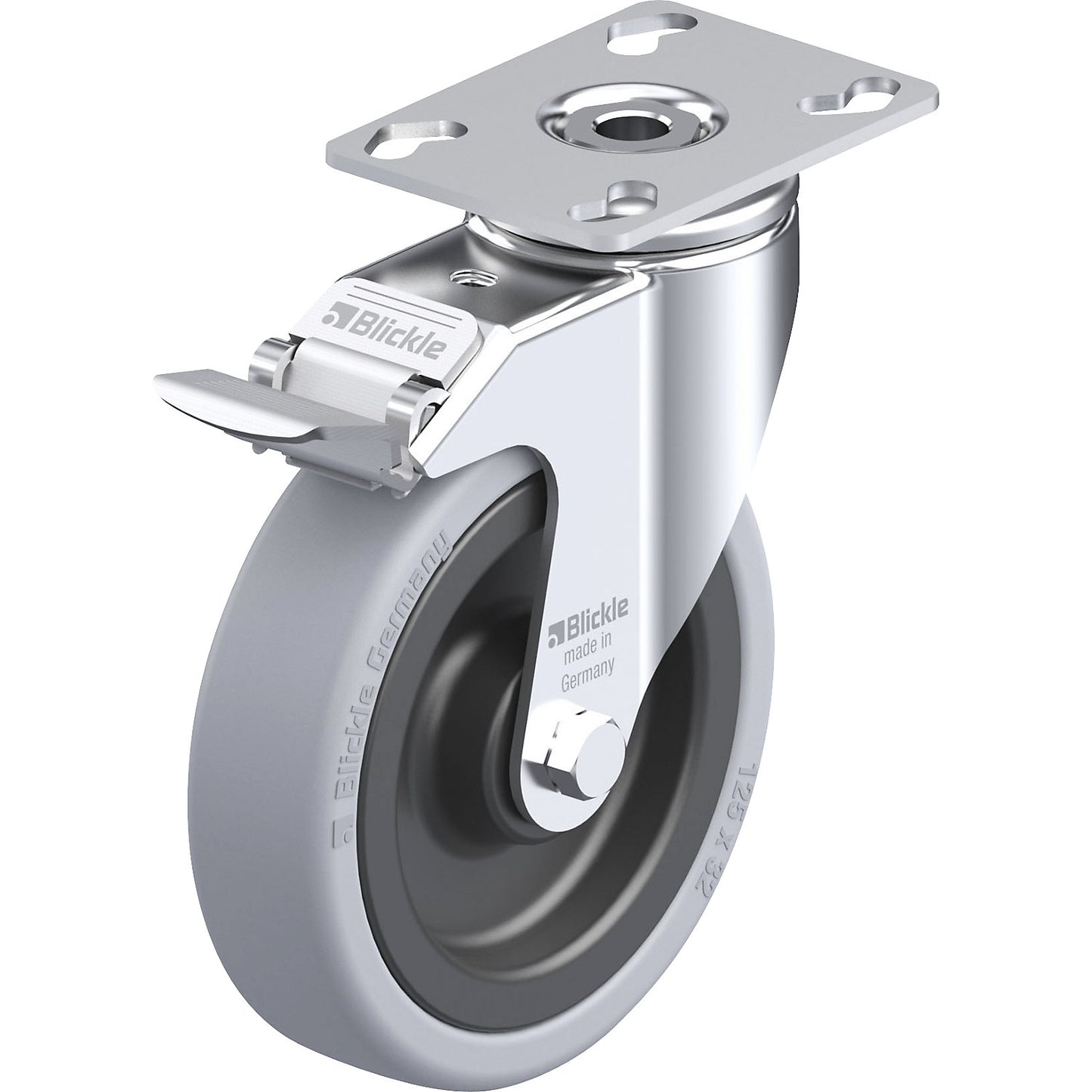 LKPA-VPA-FI light duty swivel castor, plate dimensions 90 x 66 mm, wheel Ø 125 mm, max. load 120 kg.