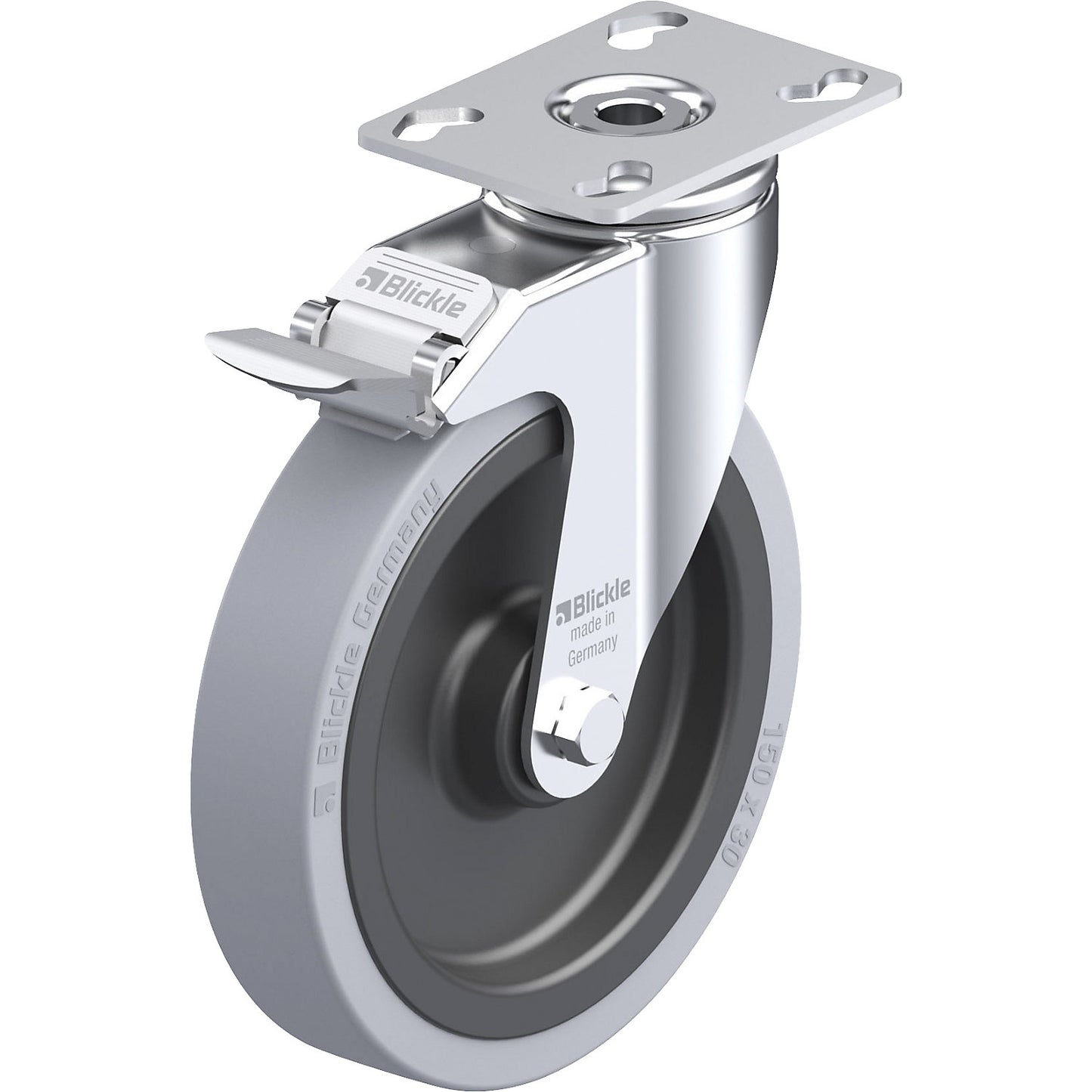 LKPA-VPA-FI light duty swivel castor, plate dimensions 90 x 66 mm, wheel Ø 150 mm, max. load 110 kg.