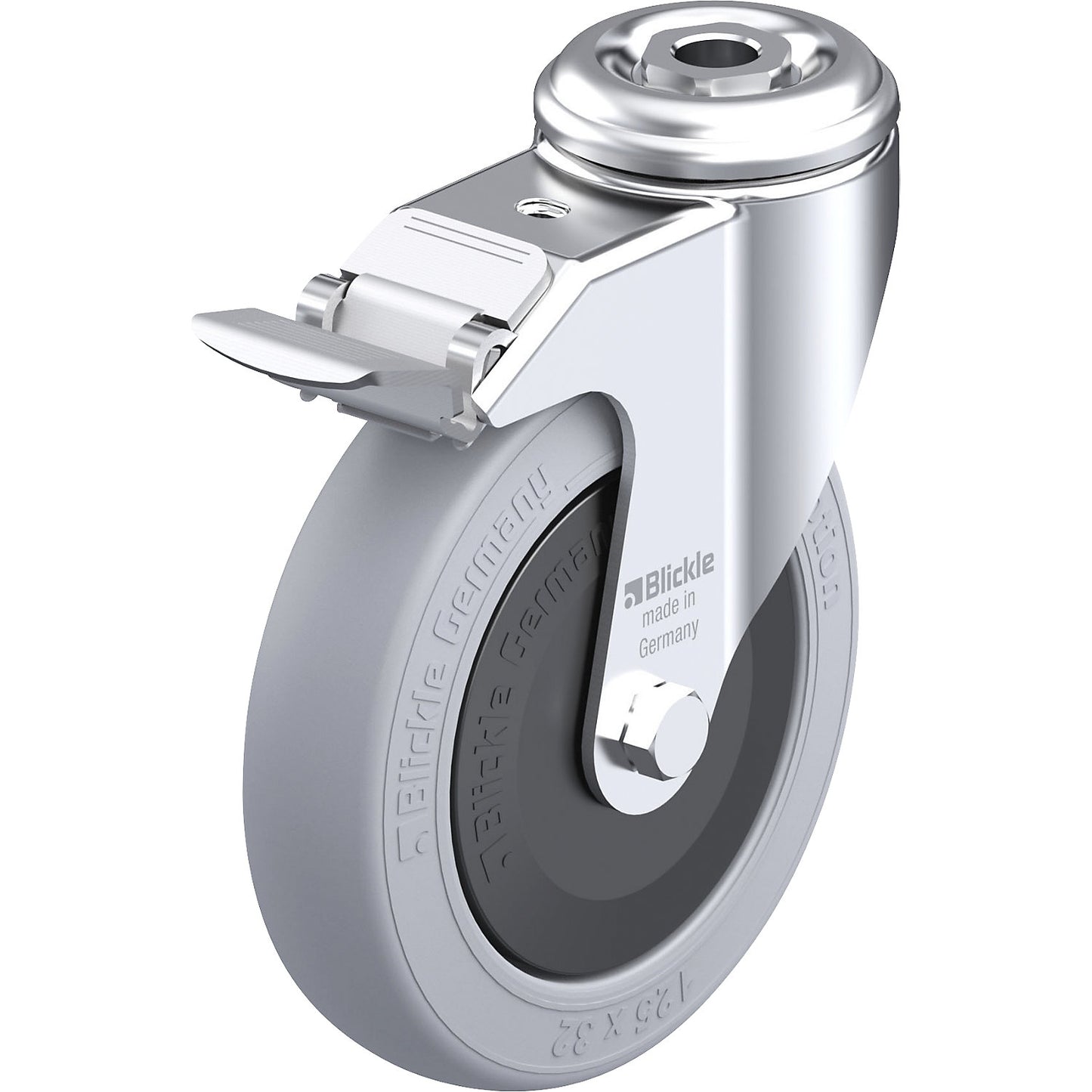 LKRA-POES-FI-SG light duty swivel castor, max. load 120 kg, wheel Ø 125 mm, overall height 158 mm.