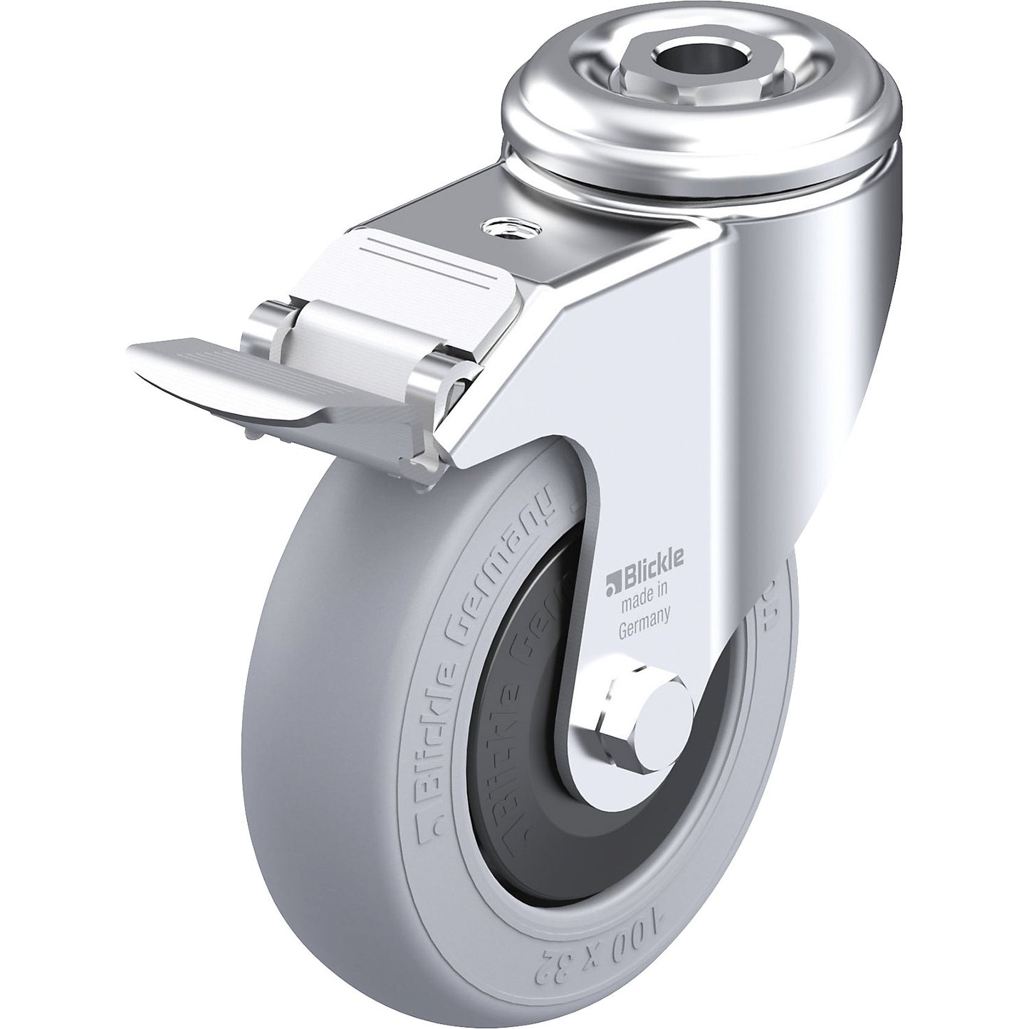 LKRA-POES-FI-SG light duty swivel castor, max. load 120 kg, wheel Ø 100 mm, overall height 133 mm.