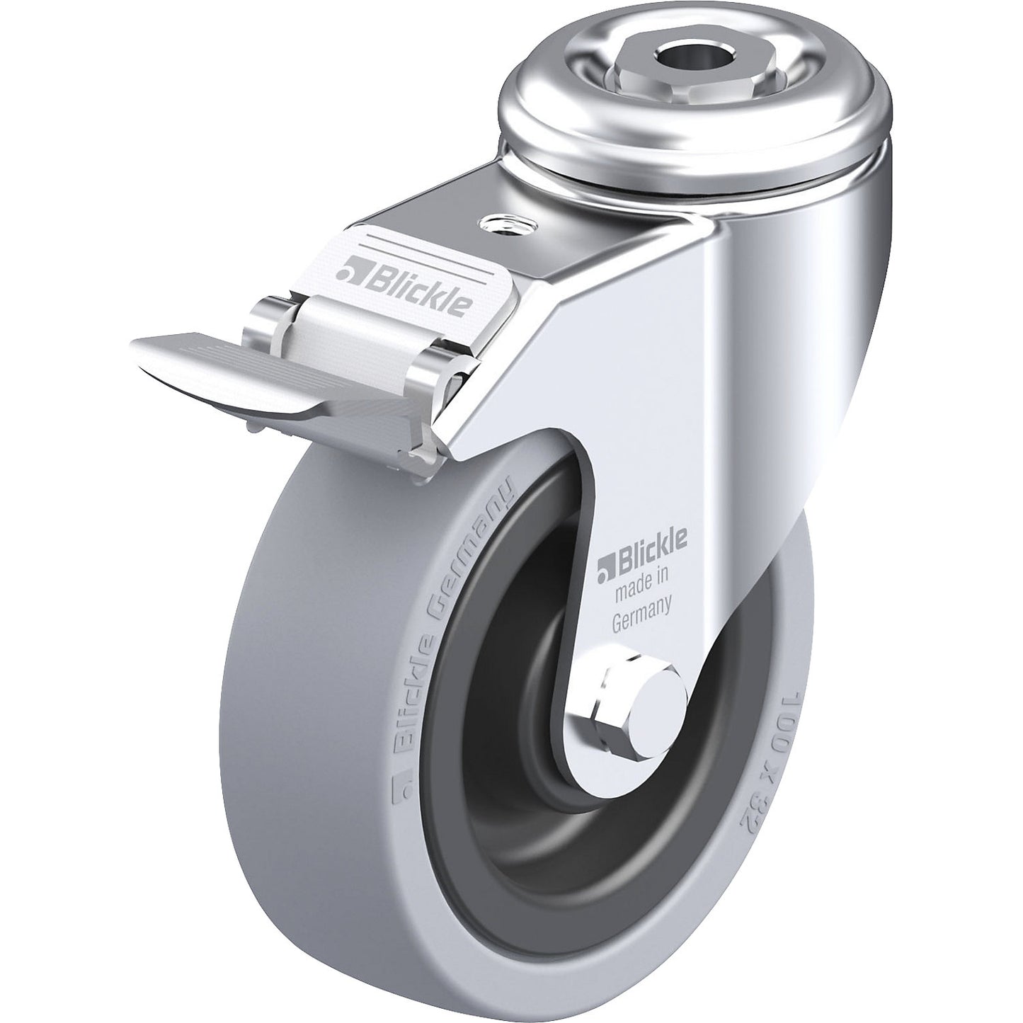 LKRA-VPA-FI light duty swivel castor, plate dimensions 57 mm, wheel Ø 100 mm, max. load 110 kg.