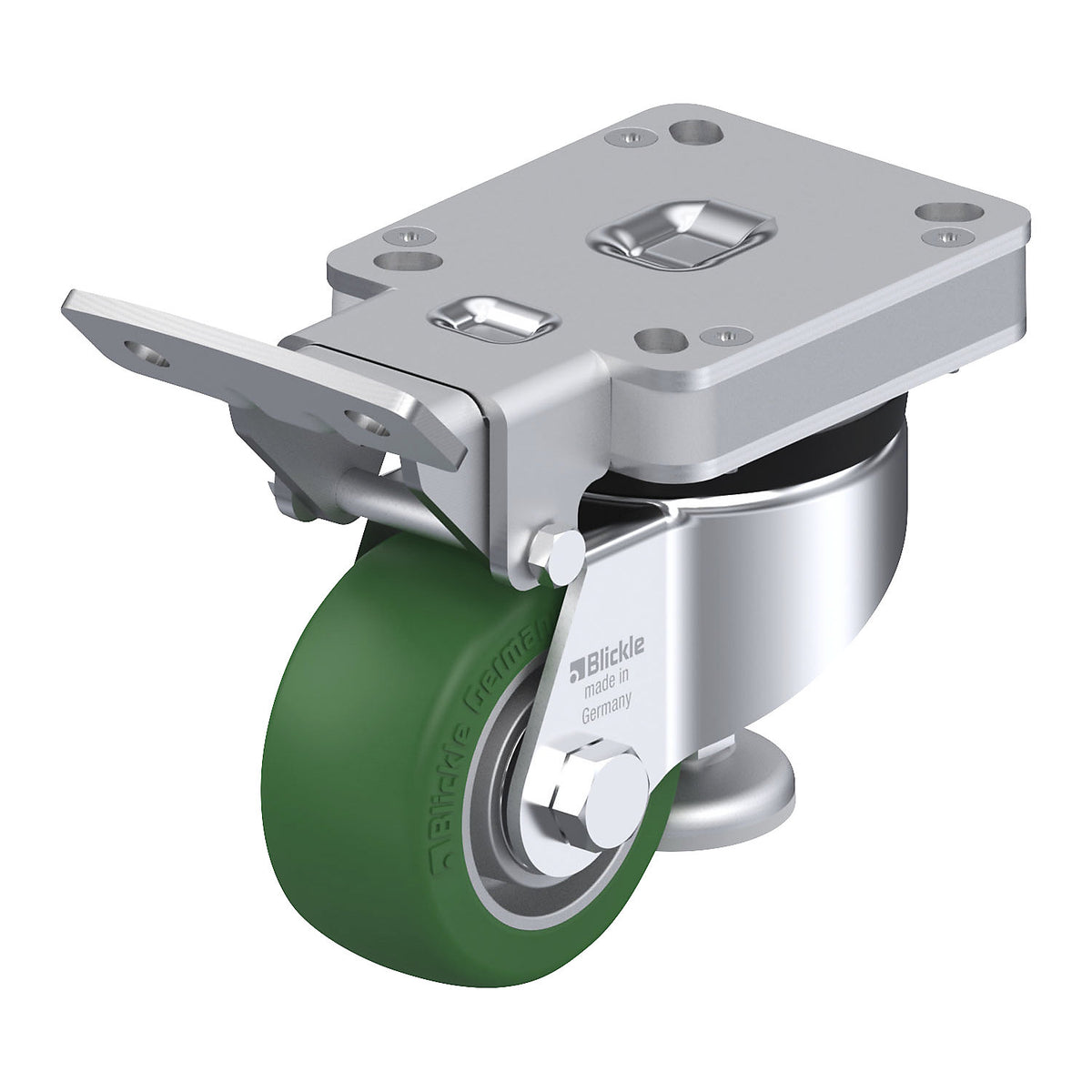 HRLK-ALST levelling castor, plate dimensions 100 x 85 mm, wheel Ø 80 mm, max. load 230 kg.